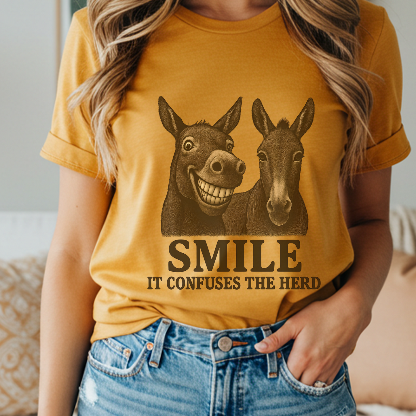 Funny Donkey Tee - Smile It Confuses the Herd Shirt - Western Farm Animal Humor T-Shirt for Horse Girls, Barn Moms & Animal Lovers