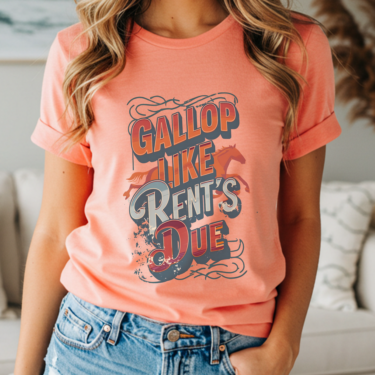 Gallop Like Rent’s Due Funny Horse Girl T-Shirt, Rodeo Cowgirl Graphic Tee, Vintage Ranch Humor, Farm Life Equestrian Shirt Gift