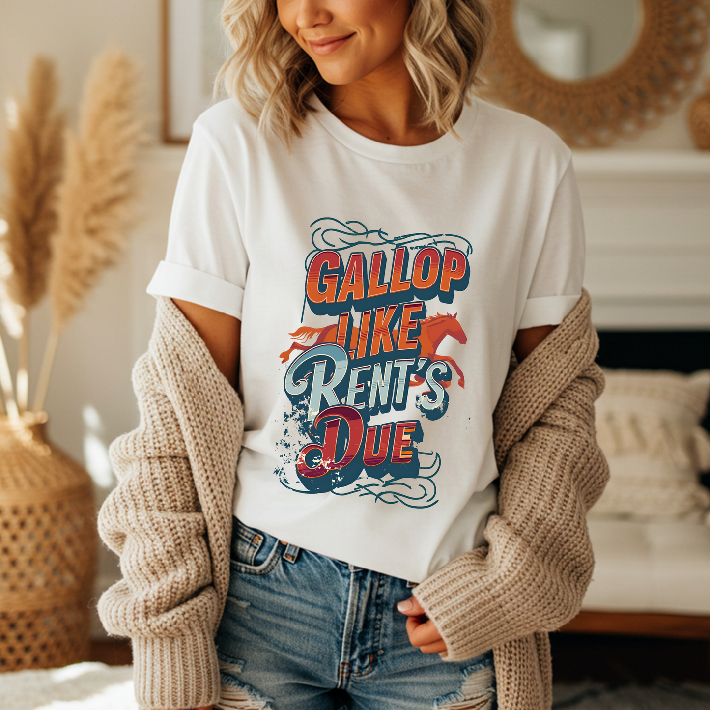 Gallop Like Rent’s Due Funny Horse Girl T-Shirt, Rodeo Cowgirl Graphic Tee, Vintage Ranch Humor, Farm Life Equestrian Shirt Gift