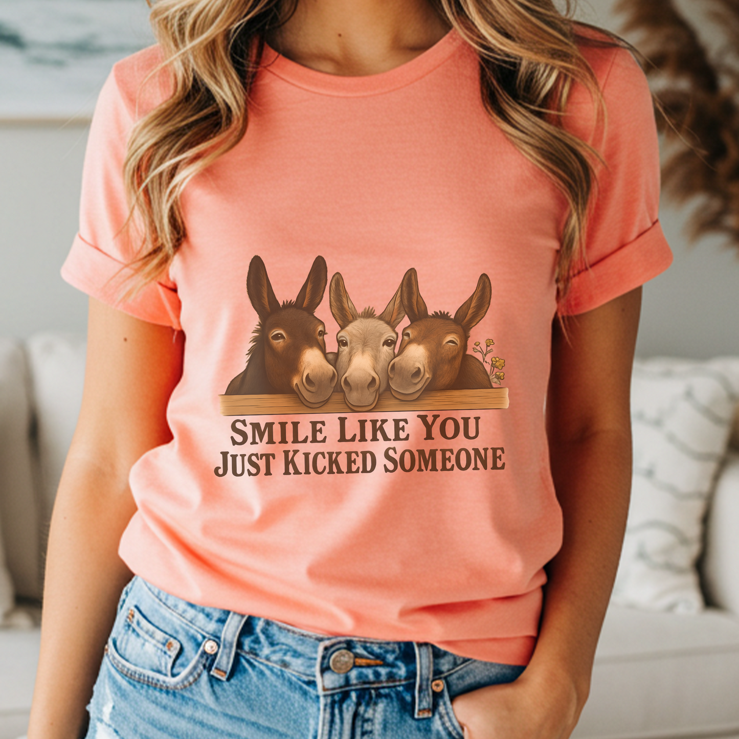 Funny Donkey T-Shirt for Women | Vintage Farm Girl Graphic Tee | Sarcastic Horse Lover Shirt | Smile Like You Kicked Someone Shirt