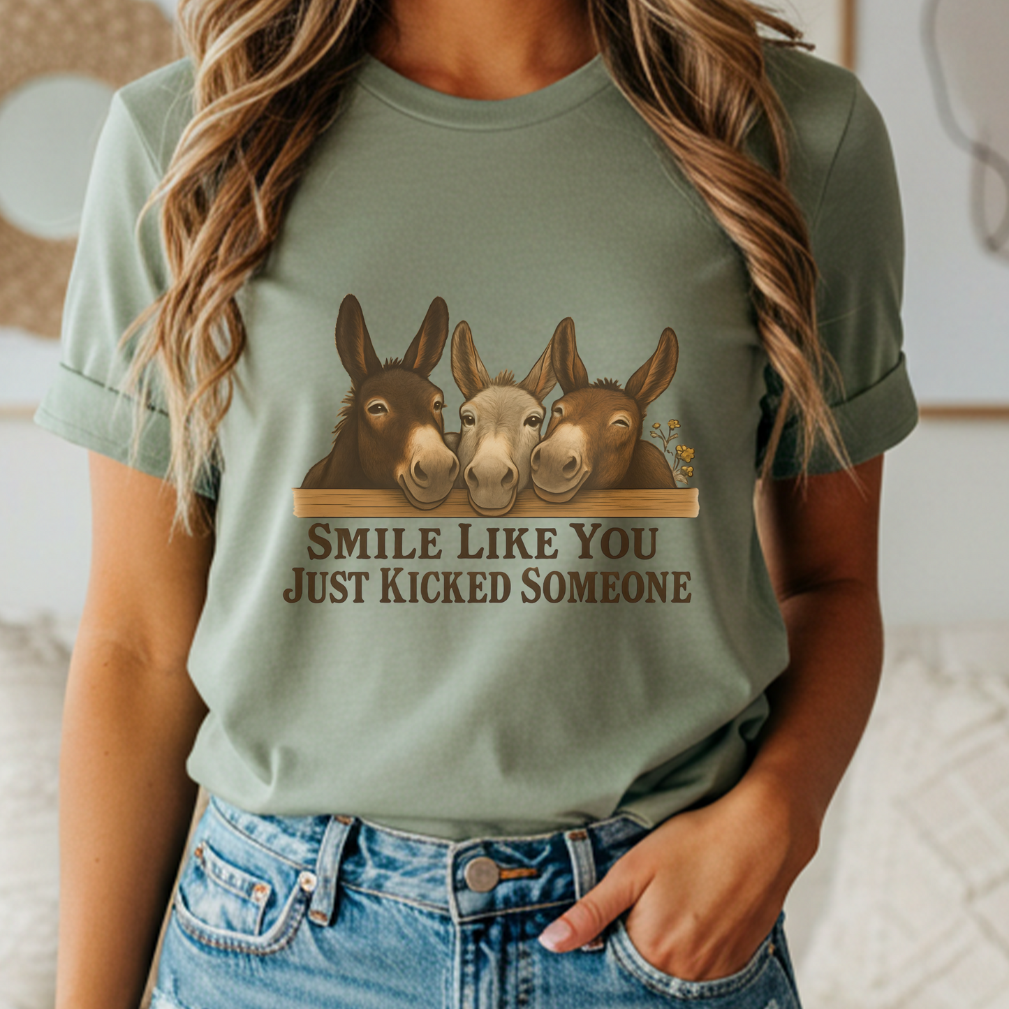 Funny Donkey T-Shirt for Women | Vintage Farm Girl Graphic Tee | Sarcastic Horse Lover Shirt | Smile Like You Kicked Someone Shirt