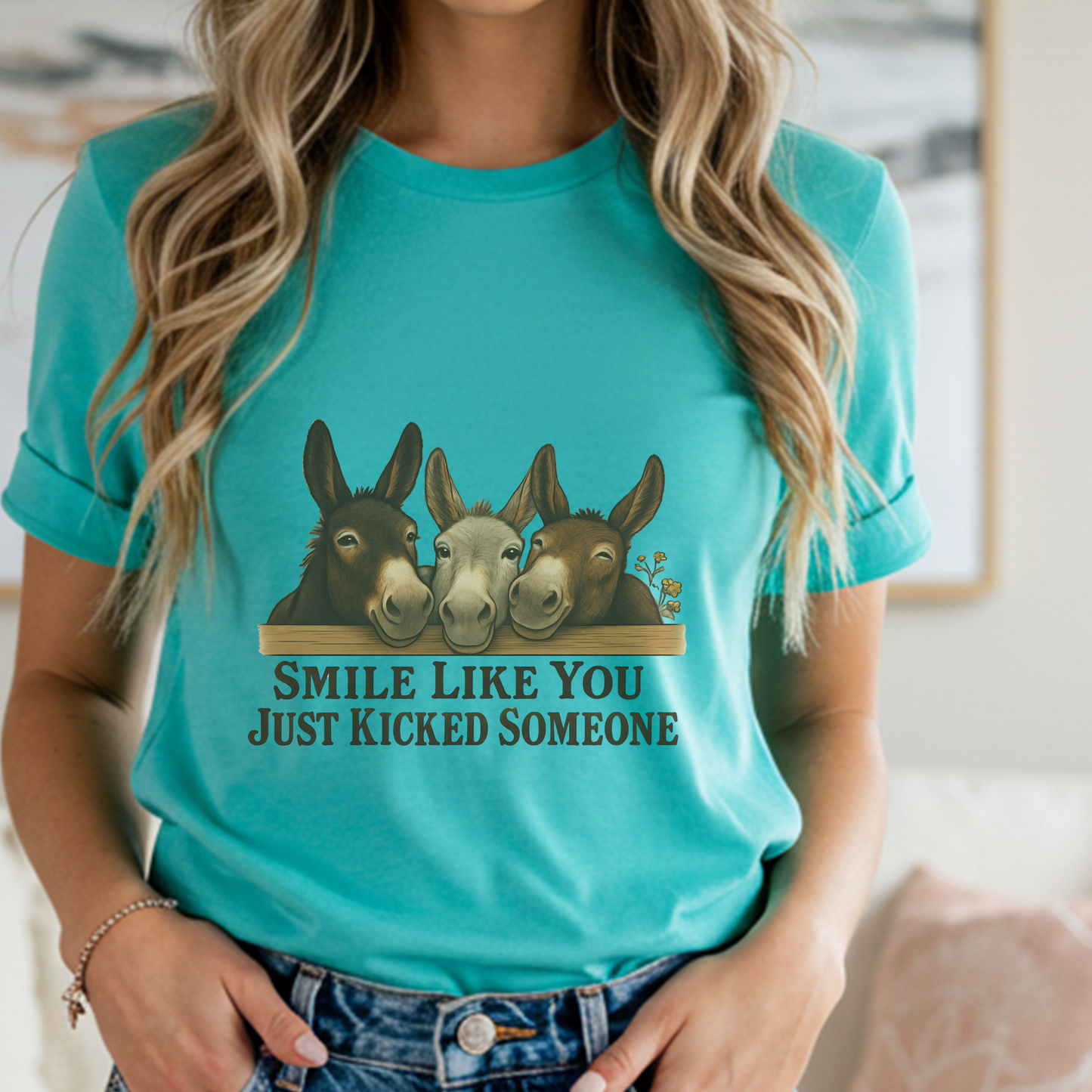 Funny Donkey T-Shirt for Women | Vintage Farm Girl Graphic Tee | Sarcastic Horse Lover Shirt | Smile Like You Kicked Someone Shirt