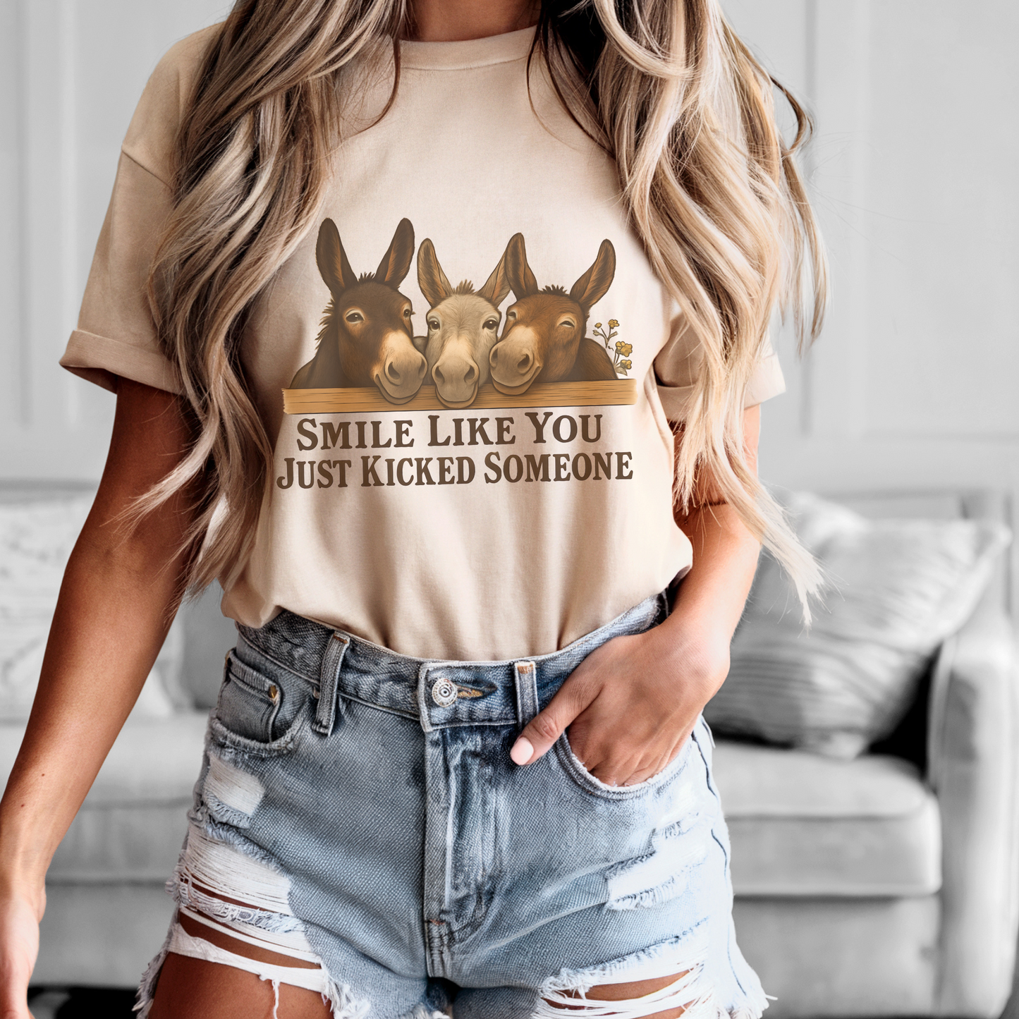 Funny Donkey T-Shirt for Women | Vintage Farm Girl Graphic Tee | Sarcastic Horse Lover Shirt | Smile Like You Kicked Someone Shirt