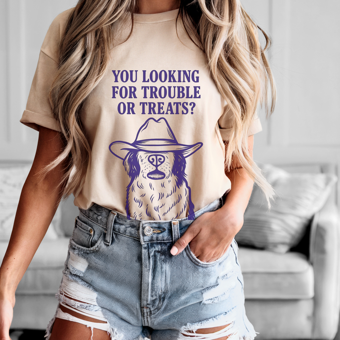 Funny Cowboy Dog Shirt | “You Lookin’ for Trouble or Treats?” Western Pup Humor Tee | Gift for Dog Lovers with Ranch Sass