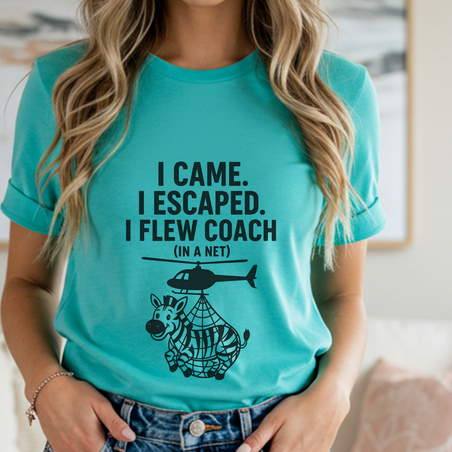 Funny Zebra Graphic Tee, I Came I Escaped I Flew Coach T-Shirt, Unisex Casual Wear, Gift Idea for Travelers, Animal Lover Apparel