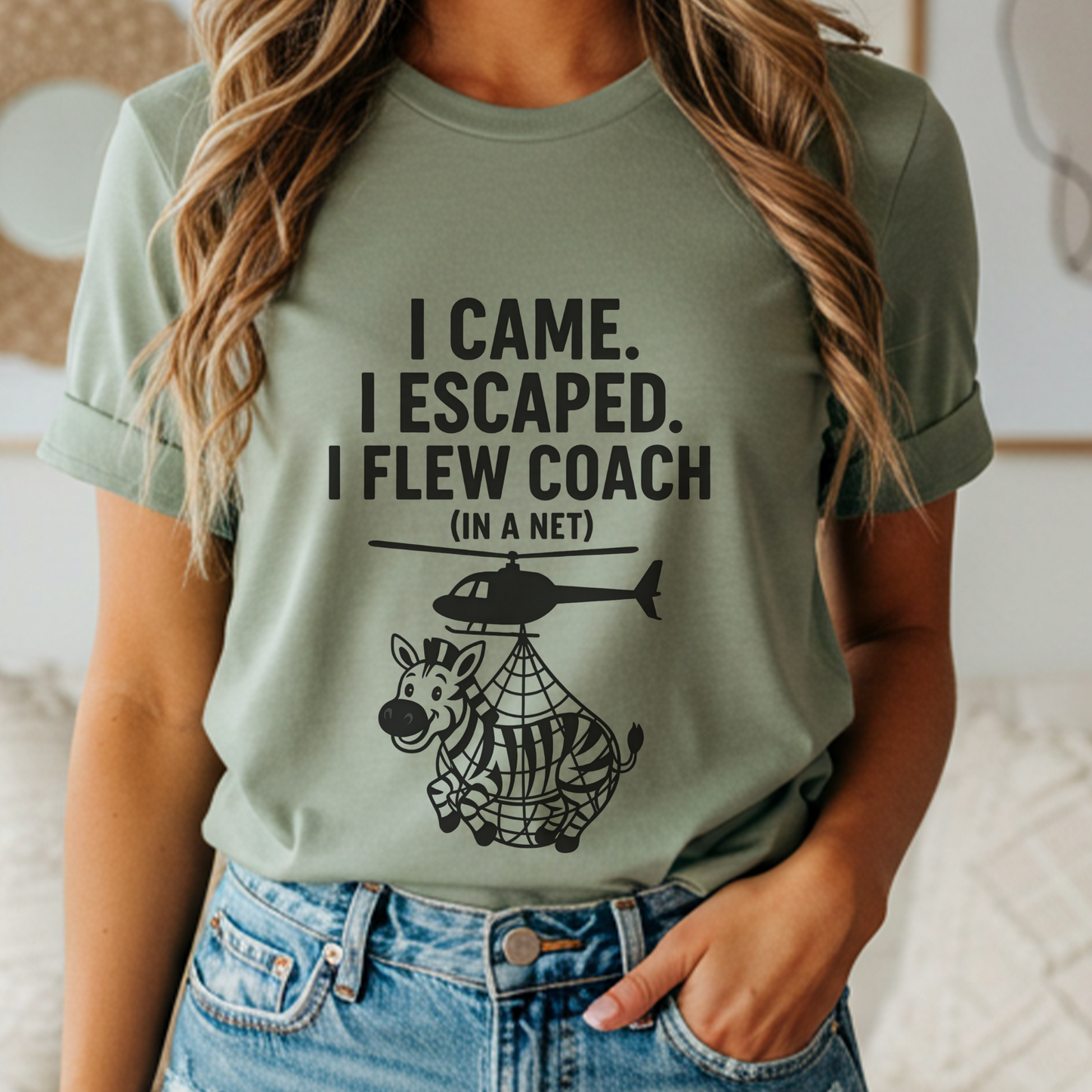 Funny Zebra Graphic Tee, I Came I Escaped I Flew Coach T-Shirt, Unisex Casual Wear, Gift Idea for Travelers, Animal Lover Apparel