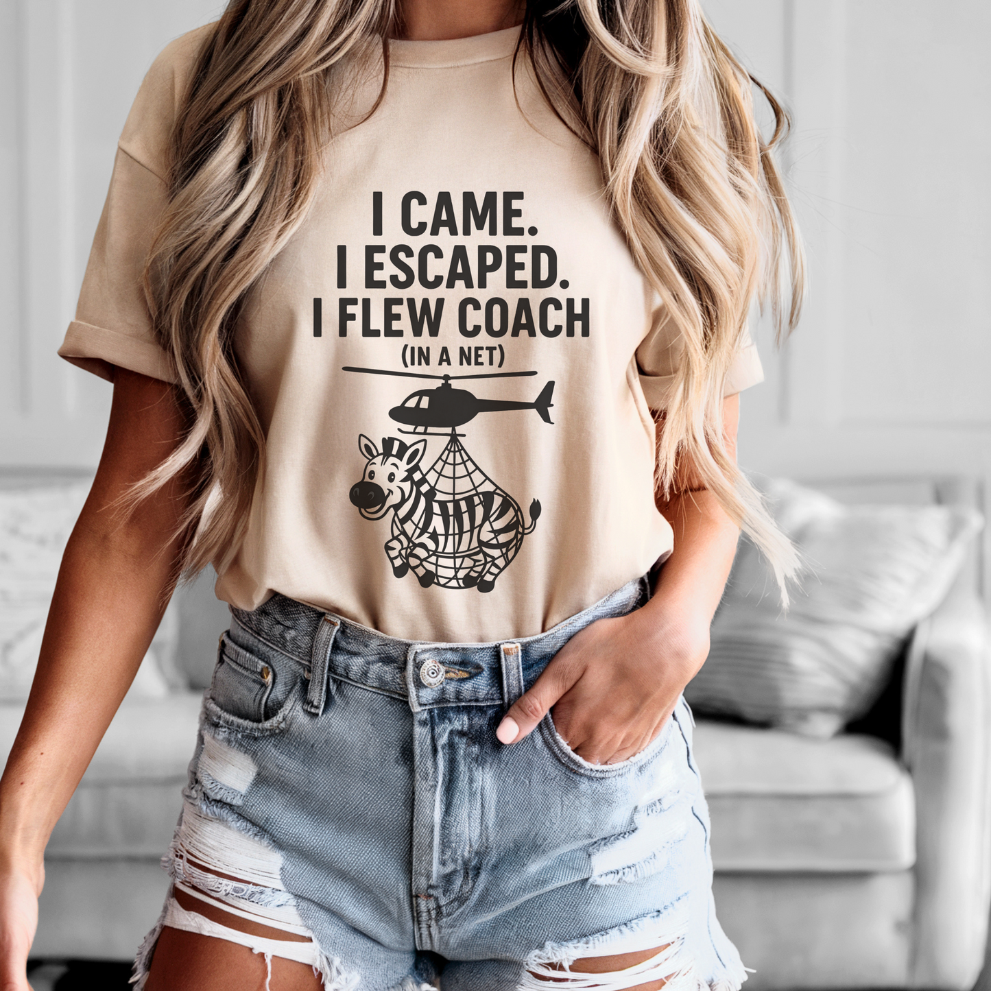 Funny Zebra Graphic Tee, I Came I Escaped I Flew Coach T-Shirt, Unisex Casual Wear, Gift Idea for Travelers, Animal Lover Apparel