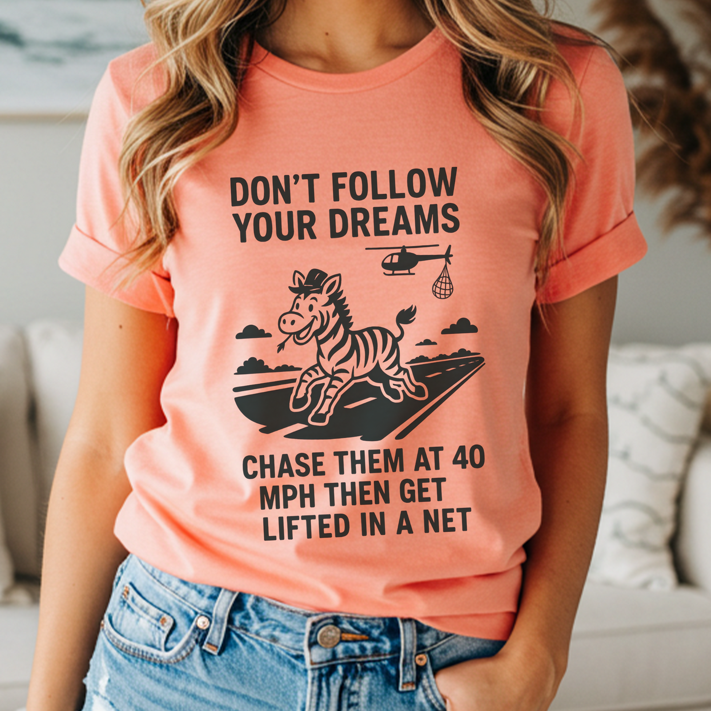 Funny Zebra Shirt | “Don’t Follow Your Dreams, Chase Them at 40 MPH” Tee | Viral Escape Ed Graphic Tee | Farm Humor Gift for Equestrian Rebels