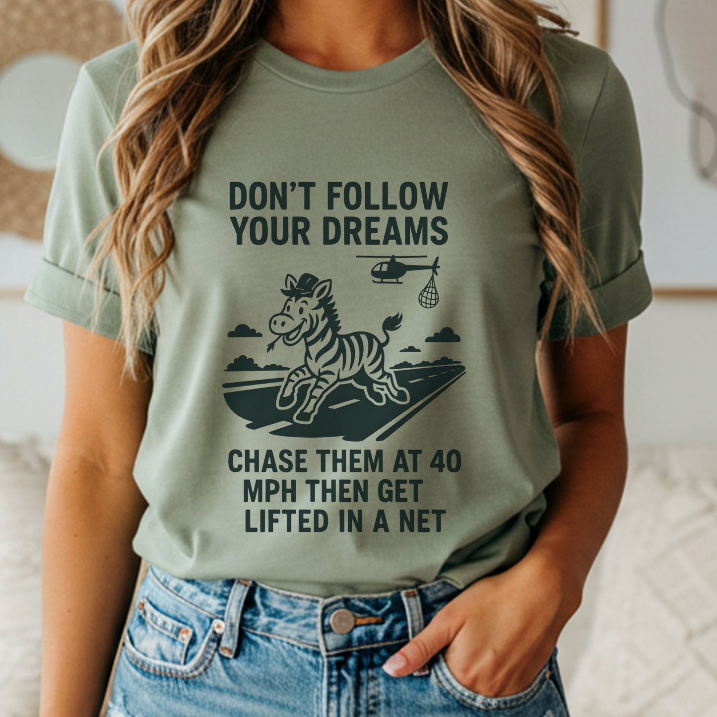 Funny Zebra Shirt | “Don’t Follow Your Dreams, Chase Them at 40 MPH” Tee | Viral Escape Ed Graphic Tee | Farm Humor Gift for Equestrian Rebels