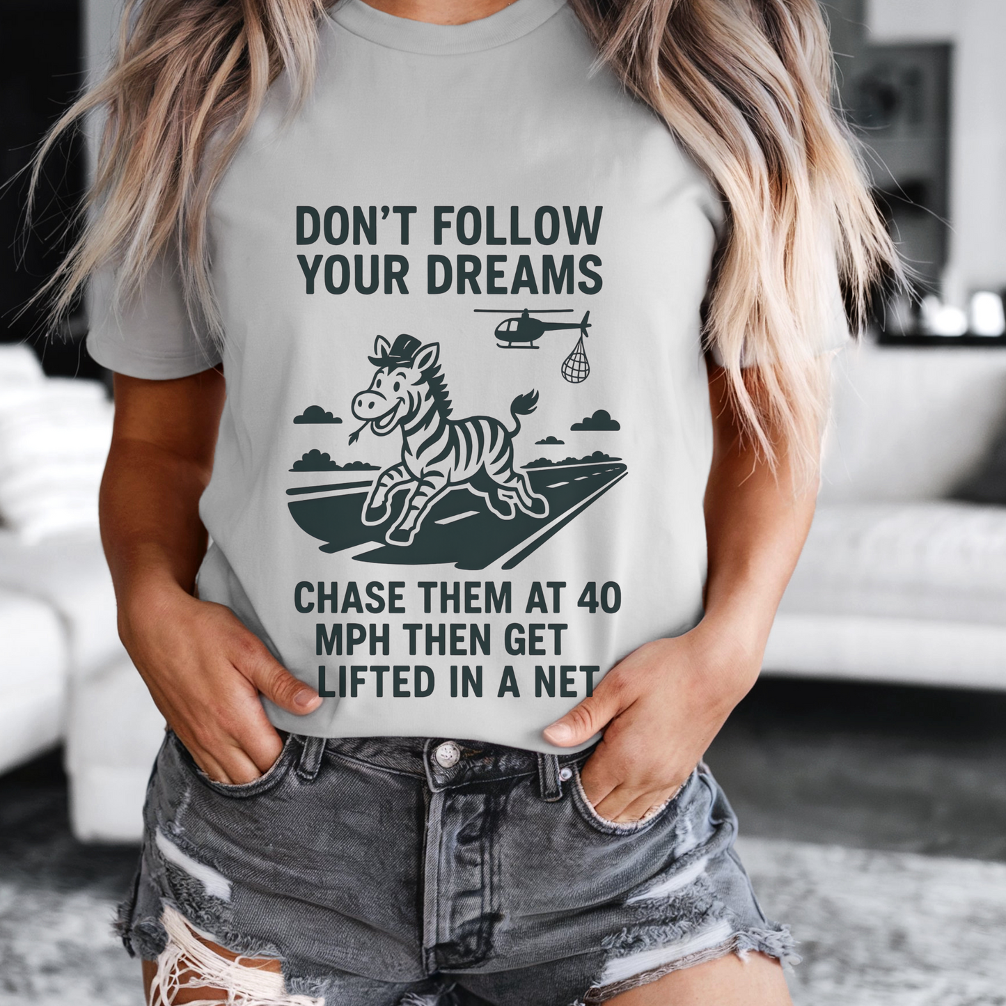 Funny Zebra Shirt | “Don’t Follow Your Dreams, Chase Them at 40 MPH” Tee | Viral Escape Ed Graphic Tee | Farm Humor Gift for Equestrian Rebels