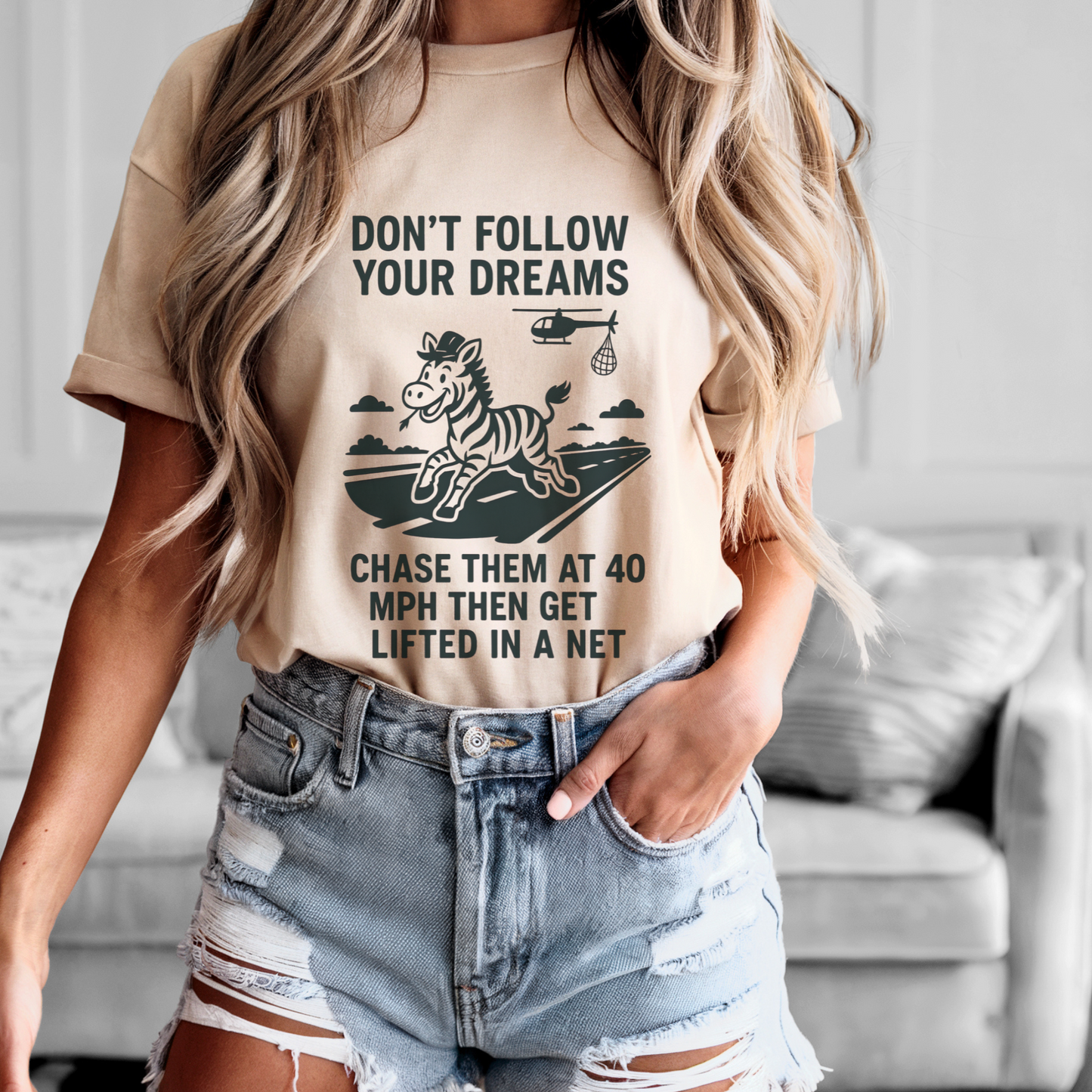 Funny Zebra Shirt | “Don’t Follow Your Dreams, Chase Them at 40 MPH” Tee | Viral Escape Ed Graphic Tee | Farm Humor Gift for Equestrian Rebels