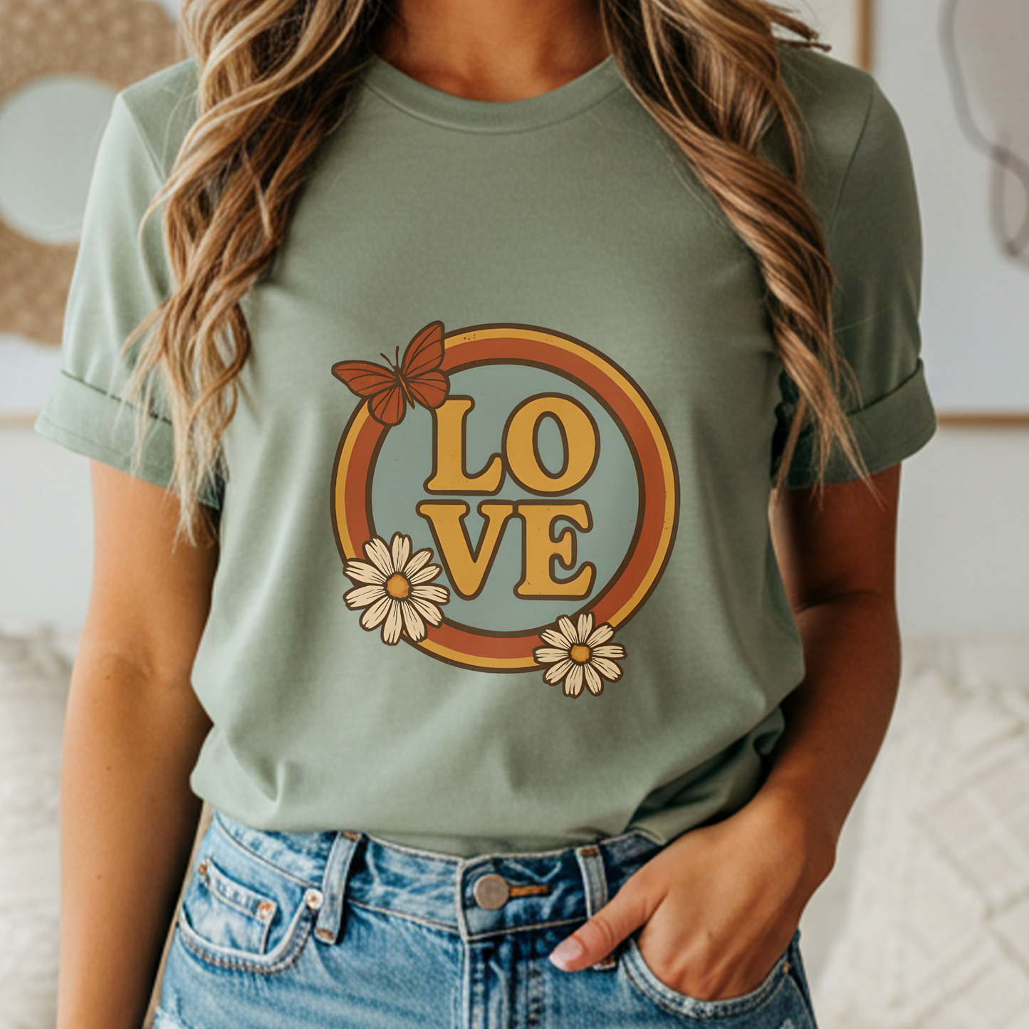 Retro LOVE Shirt | 70s Hippie Style Tee with Daisy & Butterfly | Vintage Groovy Graphic Gift for Flower Power Souls