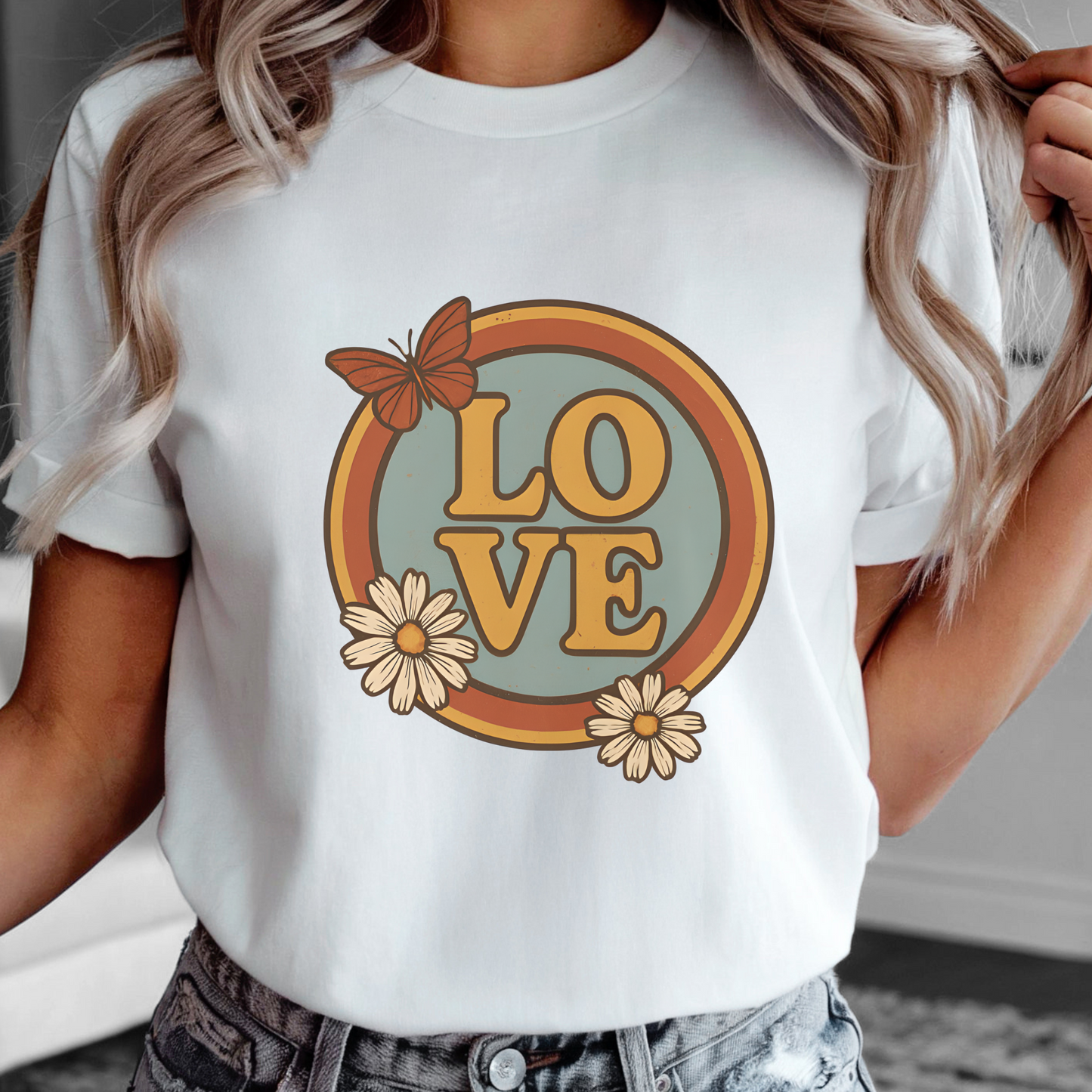 Retro LOVE Shirt | 70s Hippie Style Tee with Daisy & Butterfly | Vintage Groovy Graphic Gift for Flower Power Souls