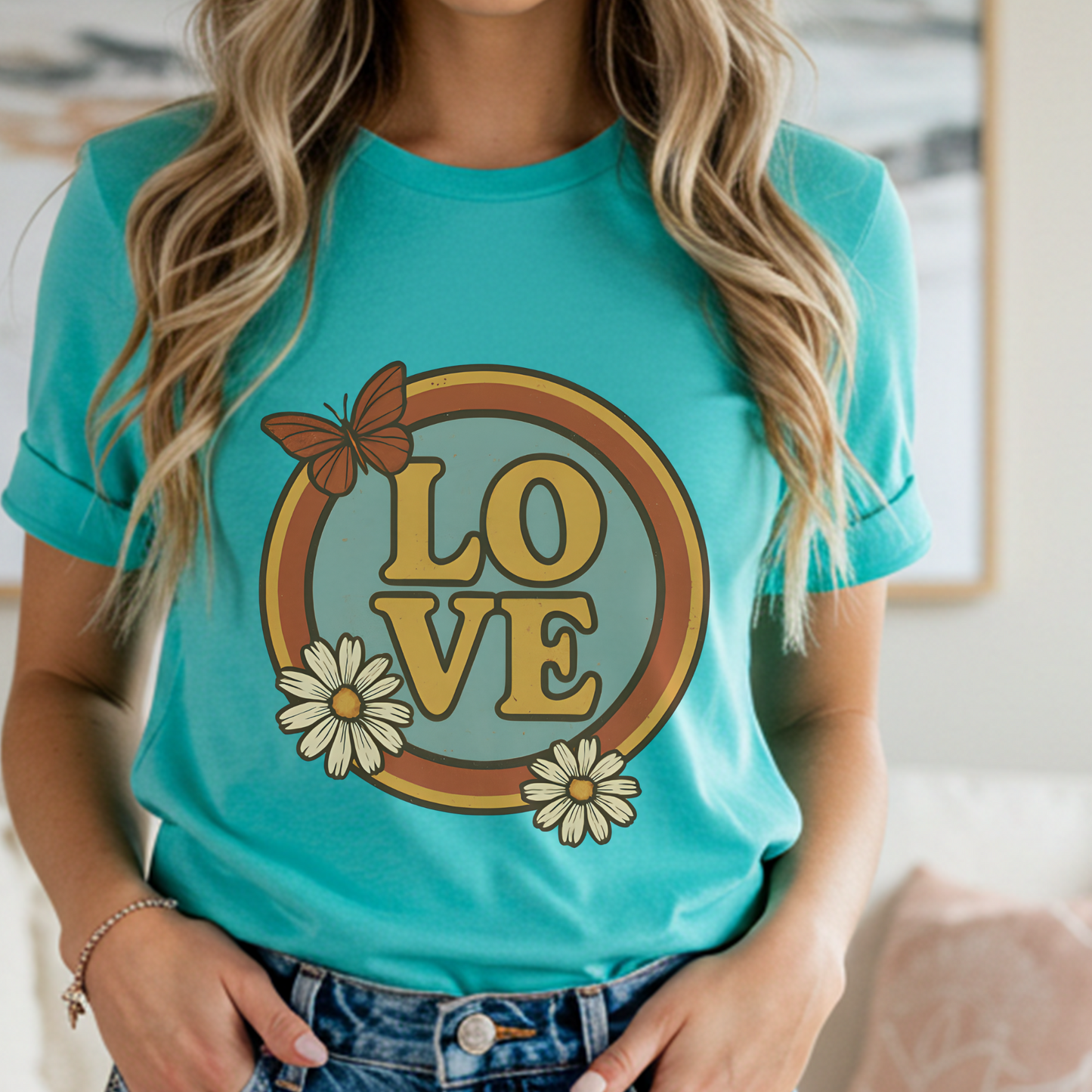 Retro LOVE Shirt | 70s Hippie Style Tee with Daisy & Butterfly | Vintage Groovy Graphic Gift for Flower Power Souls