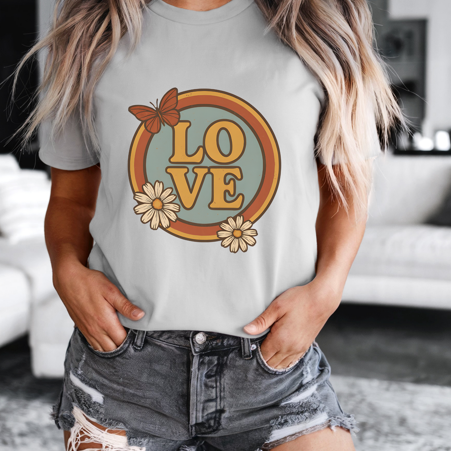 Retro LOVE Shirt | 70s Hippie Style Tee with Daisy & Butterfly | Vintage Groovy Graphic Gift for Flower Power Souls