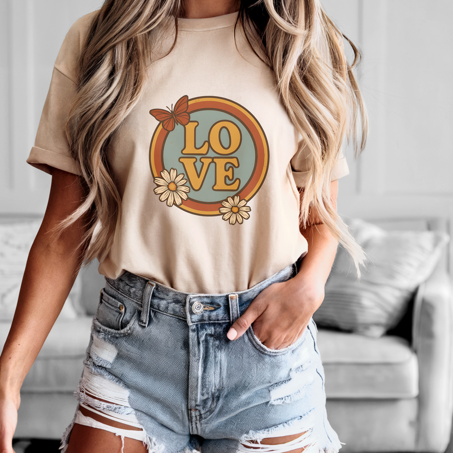 Retro LOVE Shirt | 70s Hippie Style Tee with Daisy & Butterfly | Vintage Groovy Graphic Gift for Flower Power Souls