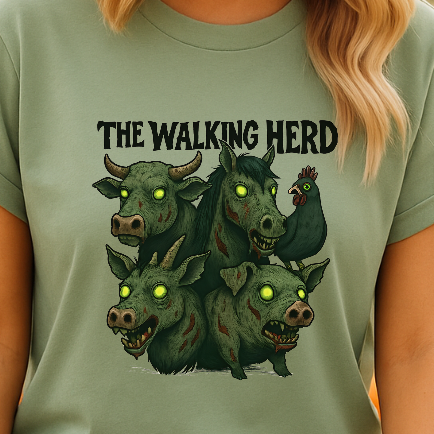 The Walking Herd Zombie Farm Shirt – Funny Halloween Barn Animals Tee, Spooky Cowgirl Graphic T-Shirt, Rustic Horror Farmhouse Shirt, Zombie Western Tee