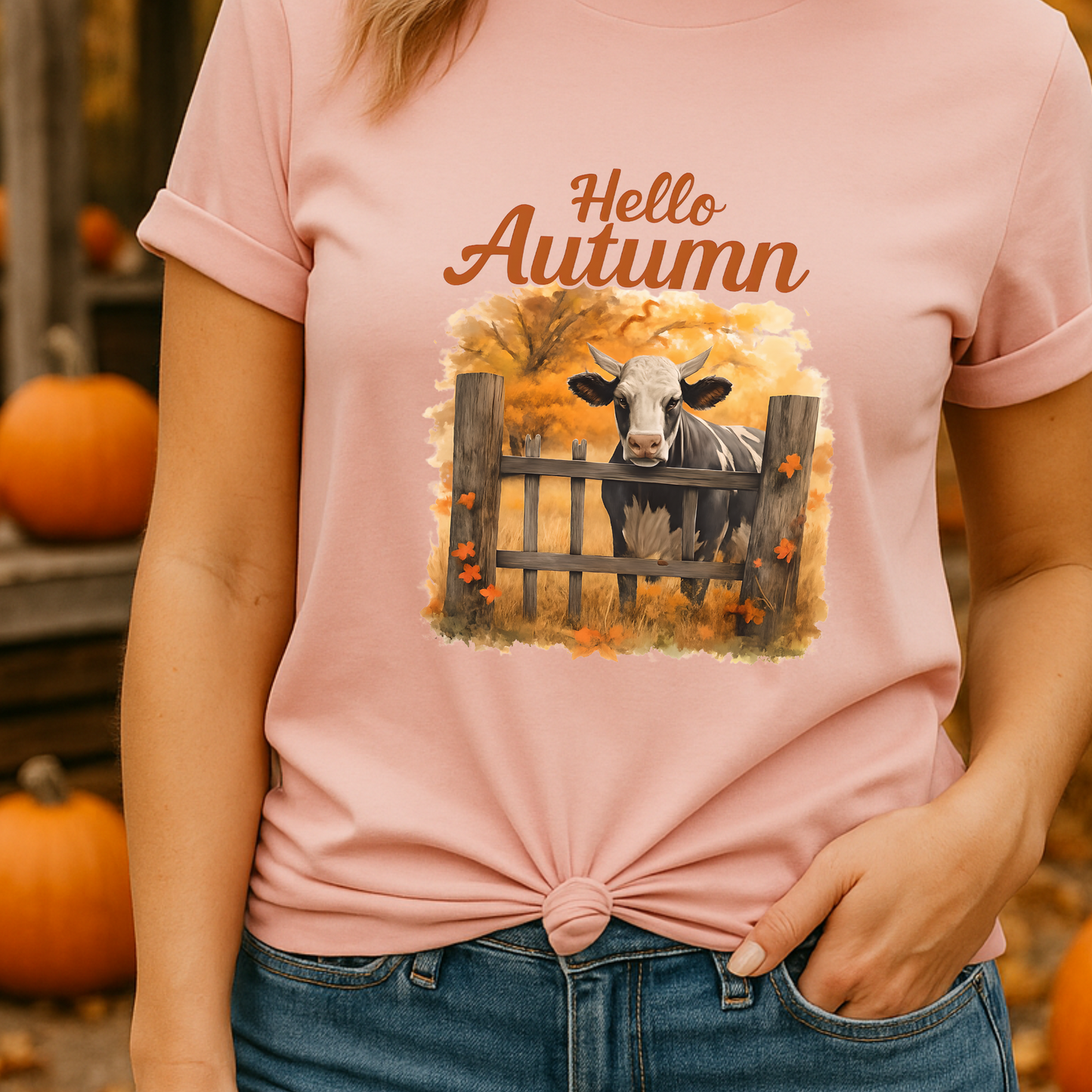 Hello Autumn Cow Shirt – Rustic Farmhouse Fall Tee, Country Girl Pumpkin Patch Shirt, Western Cow Lover Graphic T-Shirt, Cozy Harvest Season Shirt