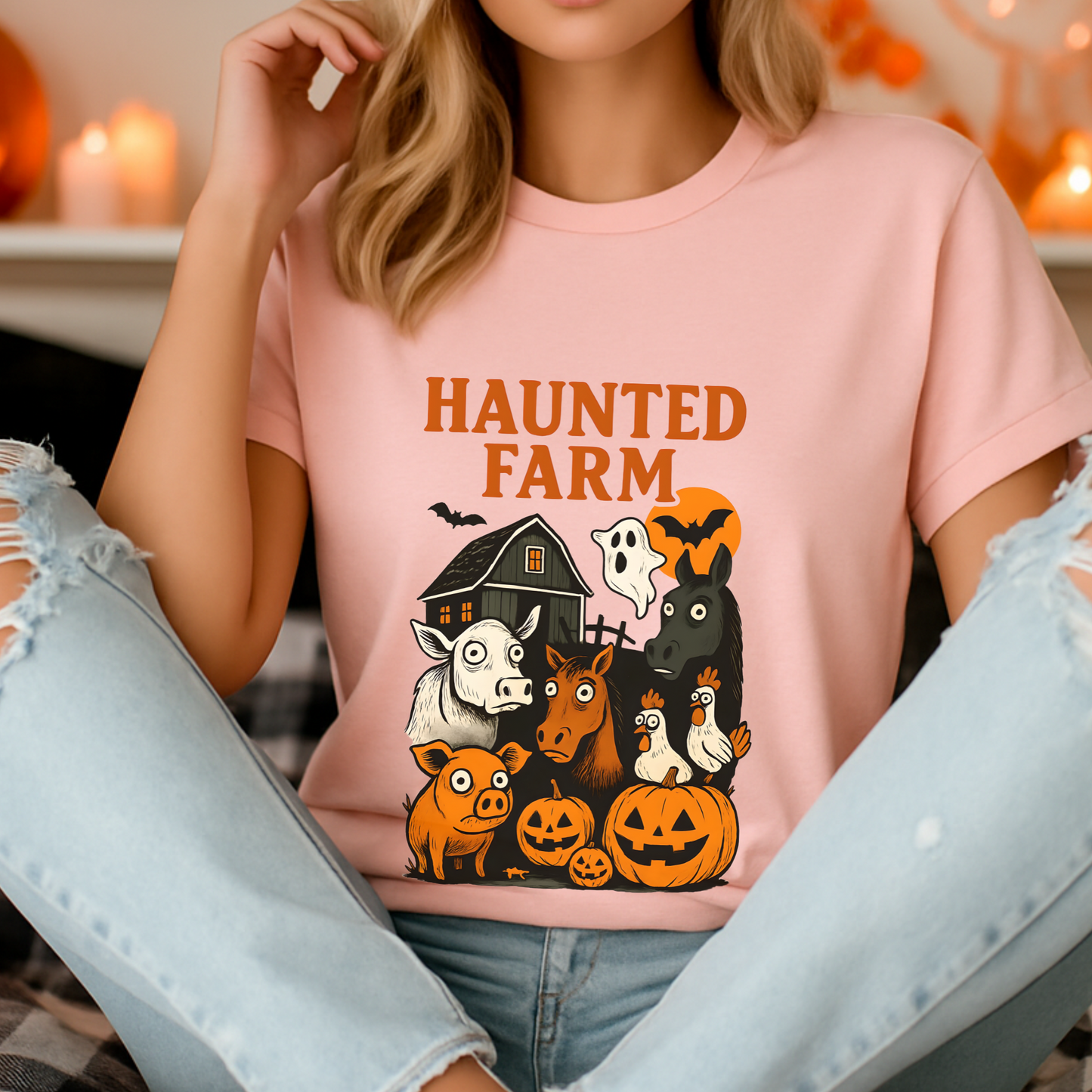Haunted Farm Halloween Tee – Funny Vintage Barnyard Shirt, Spooky Horse Cow Pig Design, Rustic Country Halloween Gift