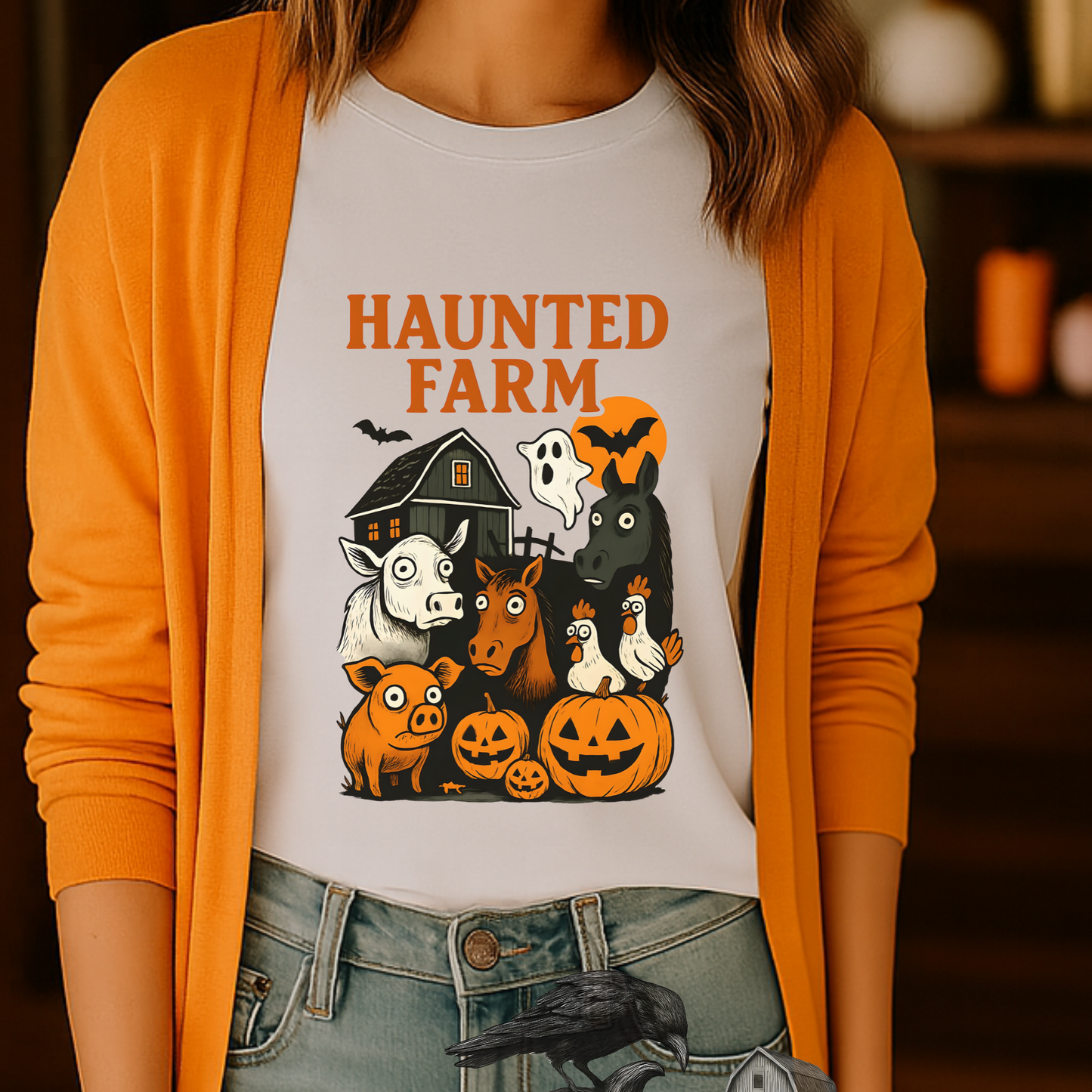 Haunted Farm Halloween Tee – Funny Vintage Barnyard Shirt, Spooky Horse Cow Pig Design, Rustic Country Halloween Gift