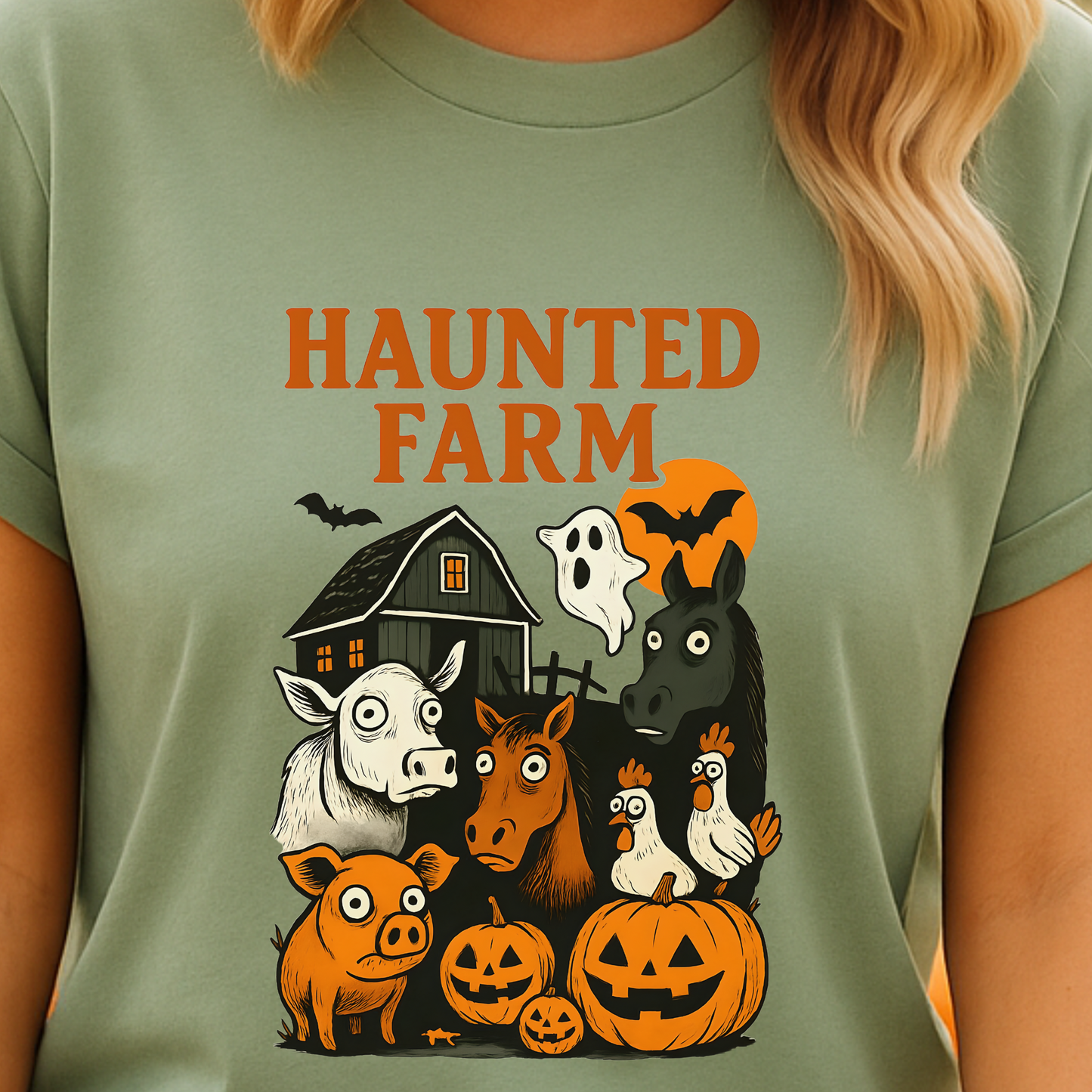 Haunted Farm Halloween Tee – Funny Vintage Barnyard Shirt, Spooky Horse Cow Pig Design, Rustic Country Halloween Gift