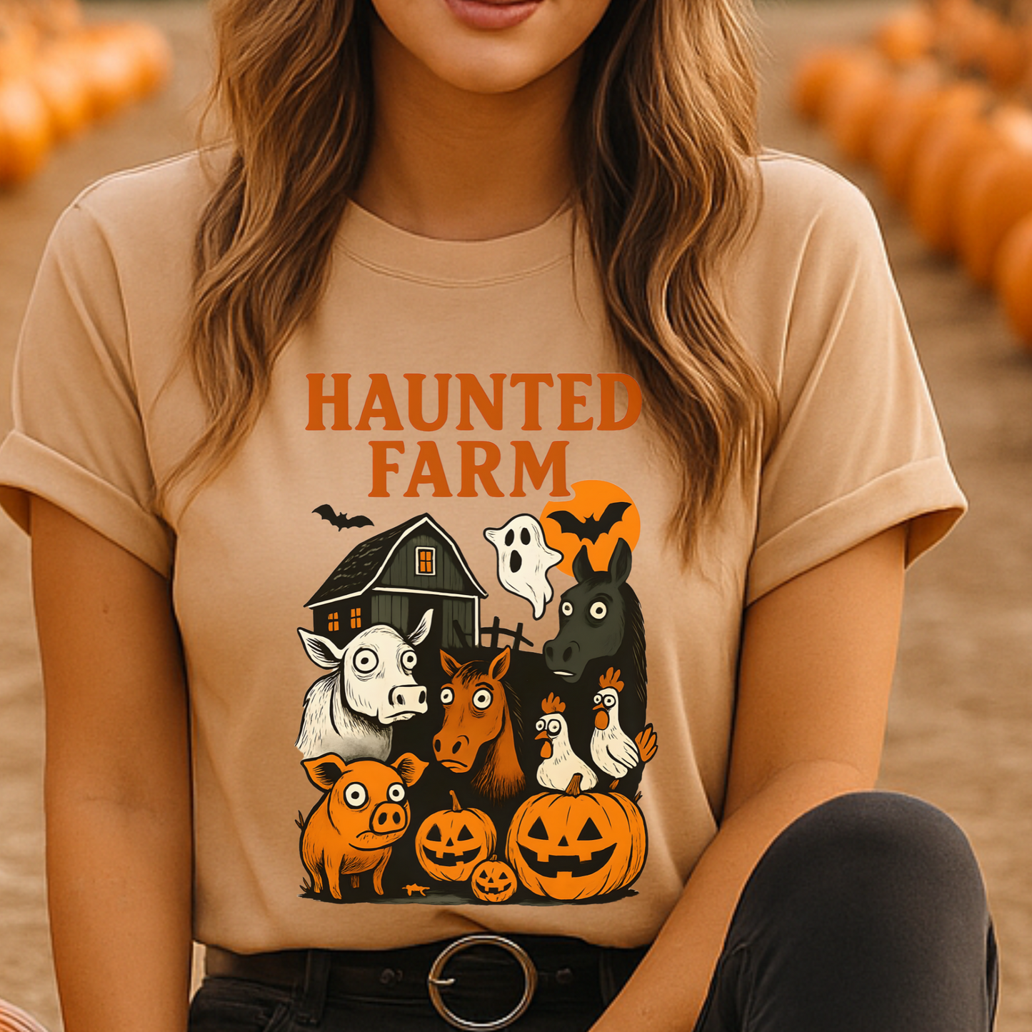 Haunted Farm Halloween Tee – Funny Vintage Barnyard Shirt, Spooky Horse Cow Pig Design, Rustic Country Halloween Gift