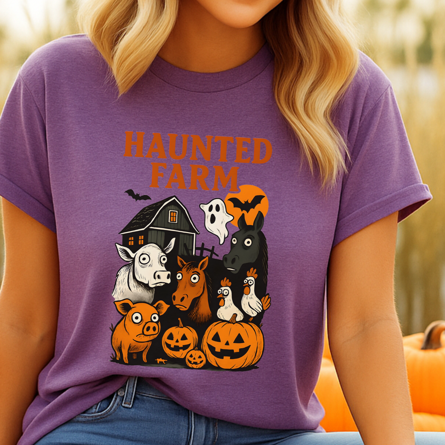 Haunted Farm Halloween Tee – Funny Vintage Barnyard Shirt, Spooky Horse Cow Pig Design, Rustic Country Halloween Gift