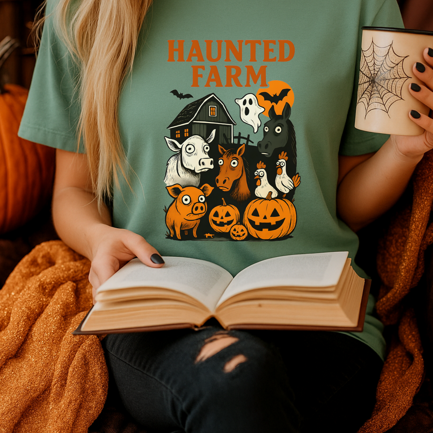 Haunted Farm Halloween Tee – Funny Vintage Barnyard Shirt, Spooky Horse Cow Pig Design, Rustic Country Halloween Gift