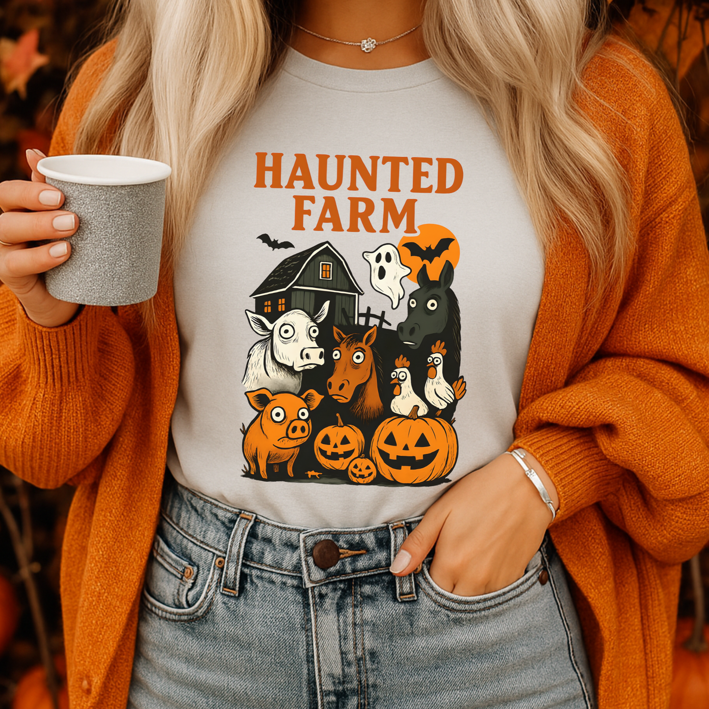 Haunted Farm Halloween Tee – Funny Vintage Barnyard Shirt, Spooky Horse Cow Pig Design, Rustic Country Halloween Gift
