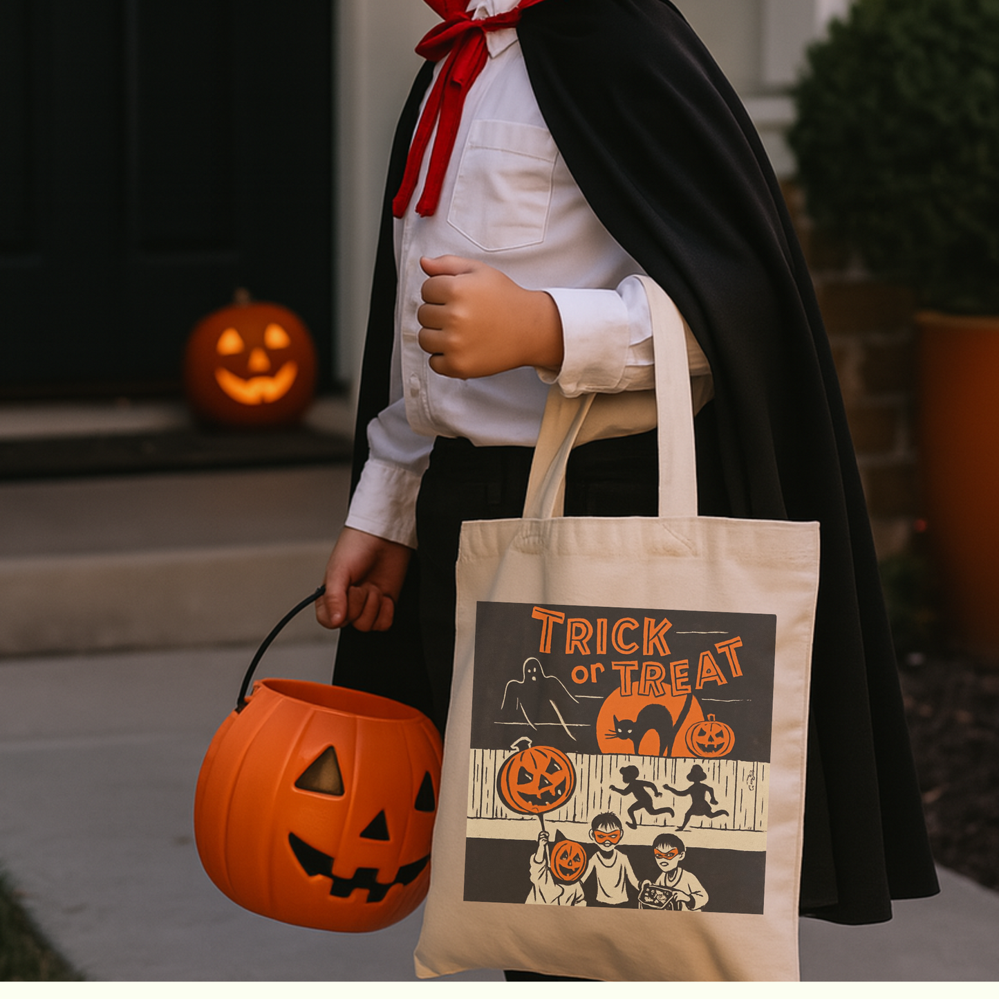 Vintage Halloween Trick or Treat Tote Bag – Retro 70s Jack-O’-Lantern Canvas Candy Bag – Black Cat & Ghost Halloween Treat Bag for Kids & Adults