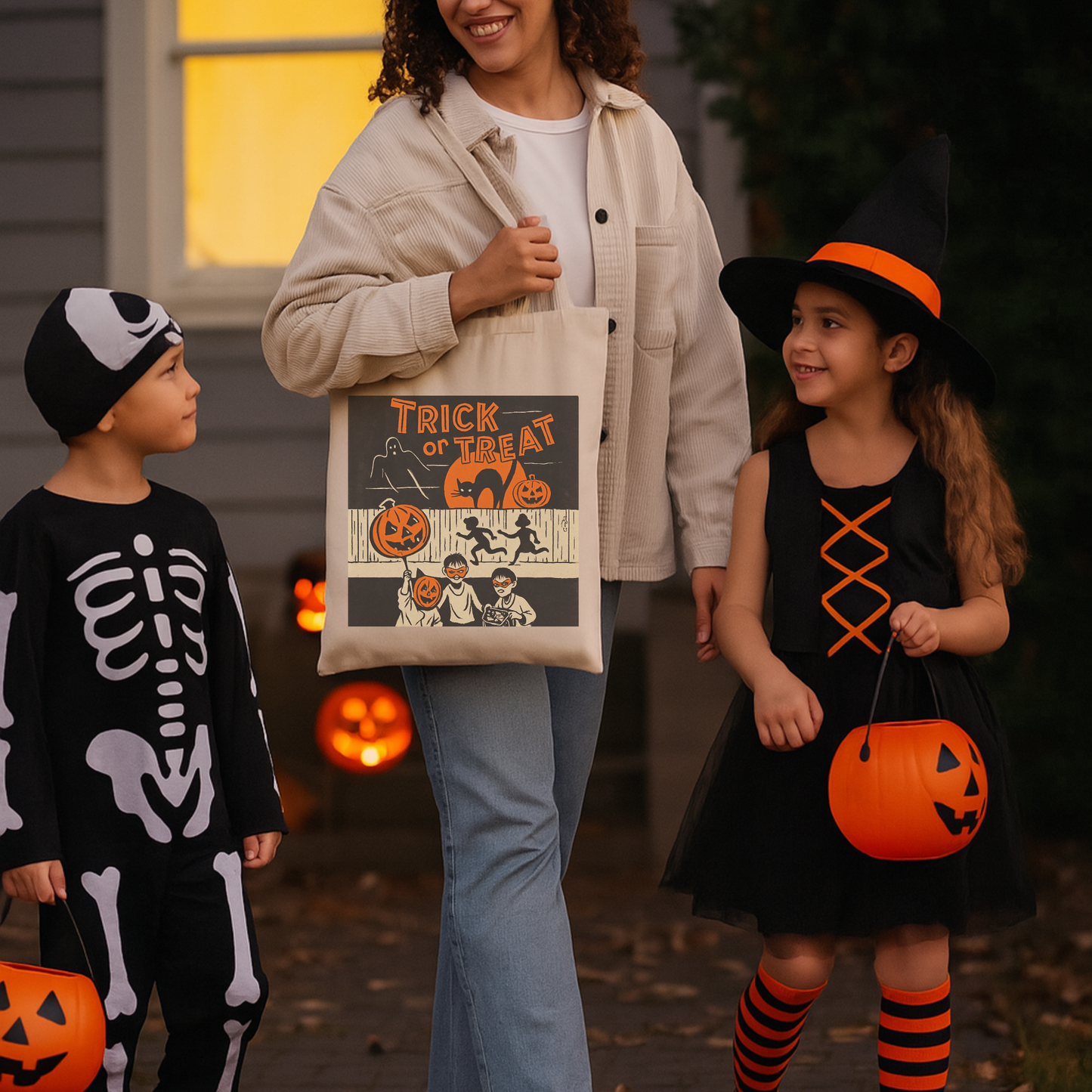 Vintage Halloween Trick or Treat Tote Bag – Retro 70s Jack-O’-Lantern Canvas Candy Bag – Black Cat & Ghost Halloween Treat Bag for Kids & Adults