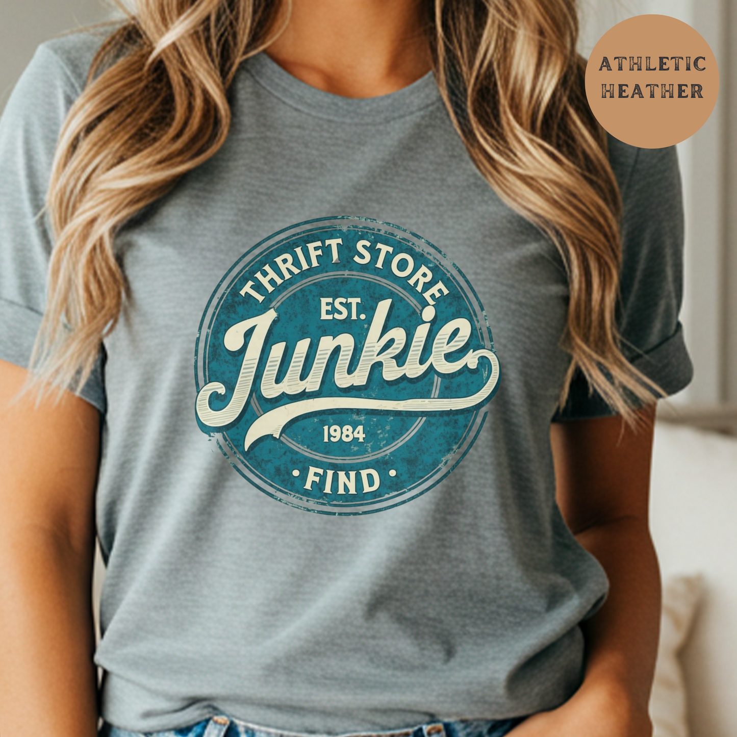 Vintage Thrift Store Junkie Shirt for Cowgirls, Dog Moms, and Farmhouse Fashion Lovers | Retro Rustic Graphic Tee Gift