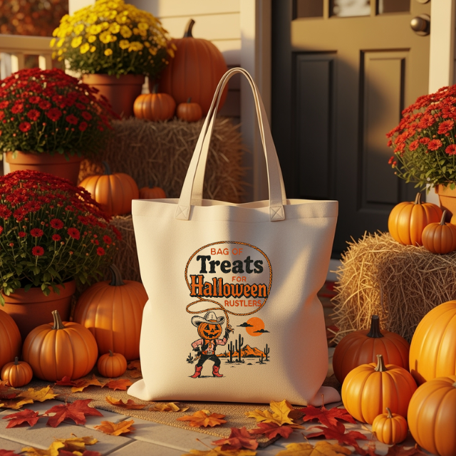 Vintage Cowboy Pumpkin Halloween Tote Bag – Western Trick or Treat Bag, Rustic Country Canvas Candy Bag for Cowgirls, Kids & Adults