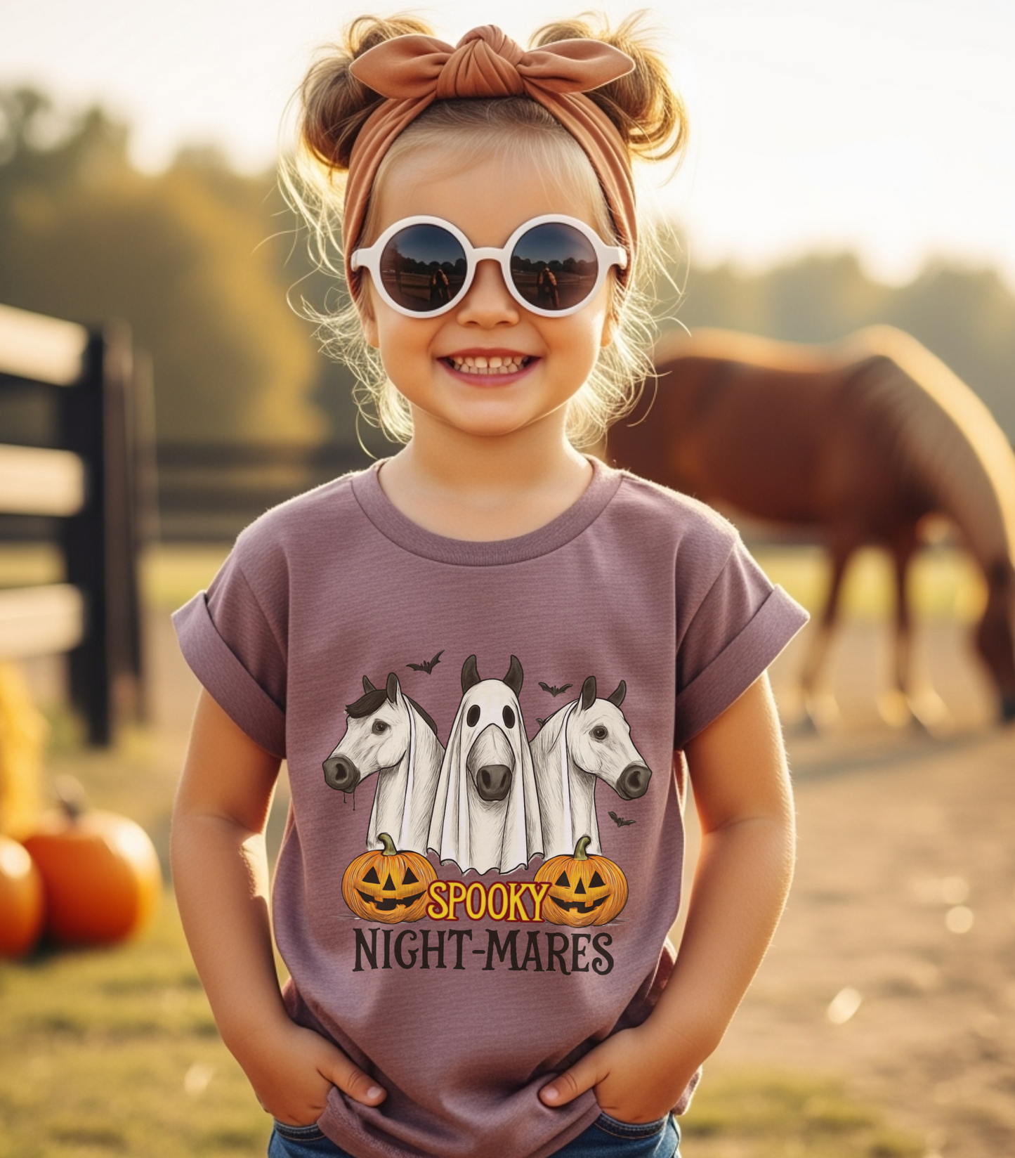 Spooky Night-Mares Halloween Horse Shirt for Kids Toddler Boys Girls Funny Pumpkin Ghost Western Cowgirl Tee