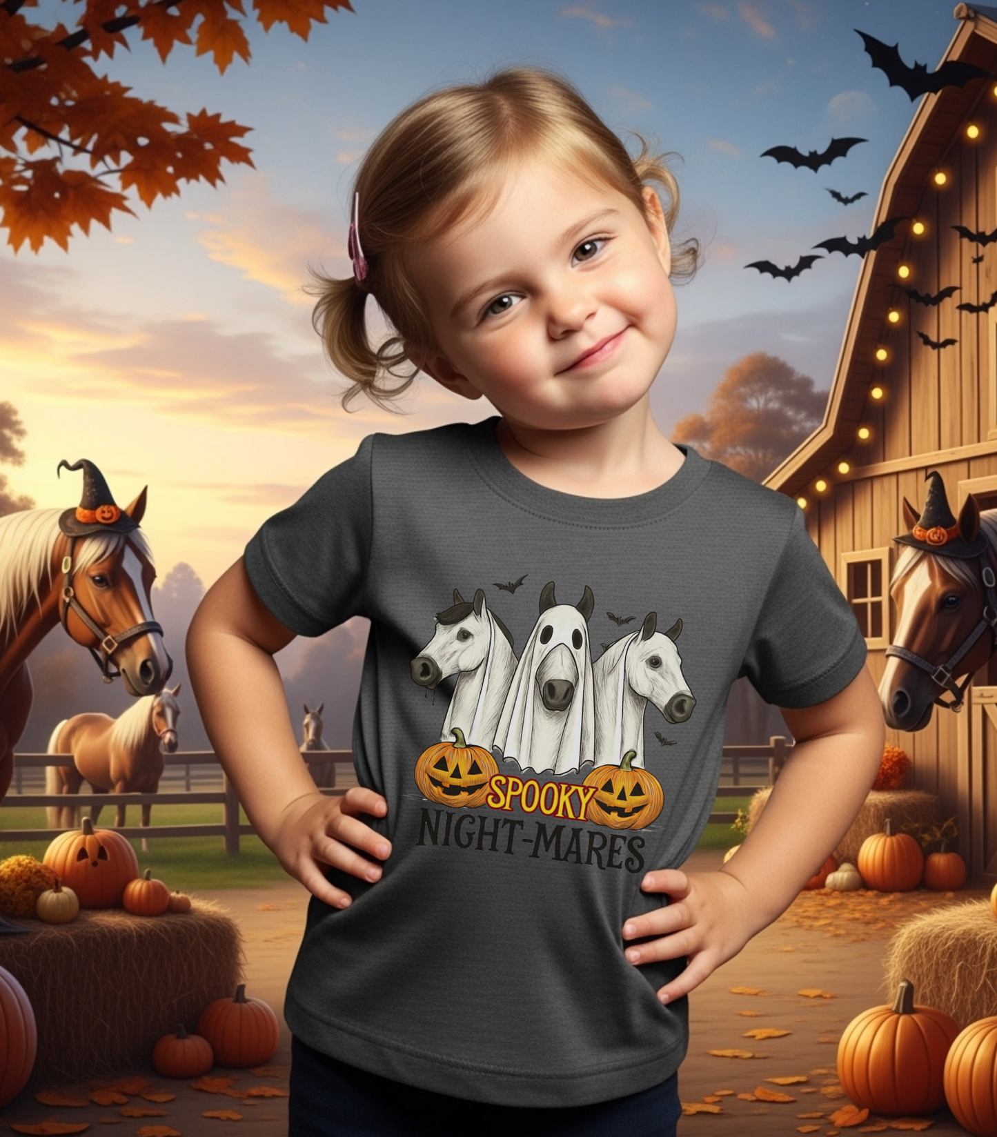 Spooky Night-Mares Halloween Horse Shirt for Kids Toddler Boys Girls Funny Pumpkin Ghost Western Cowgirl Tee