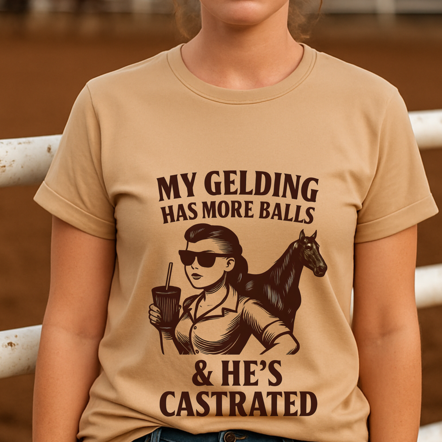 Funny Equestrian Shirt for Women | “My Gelding Has More Balls & He’s Castrated” | Western Cowgirl Tee | Horse Girl Humor Gift