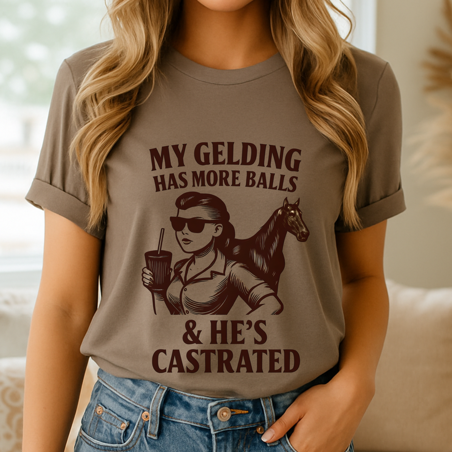 Funny Equestrian Shirt for Women | “My Gelding Has More Balls & He’s Castrated” | Western Cowgirl Tee | Horse Girl Humor Gift