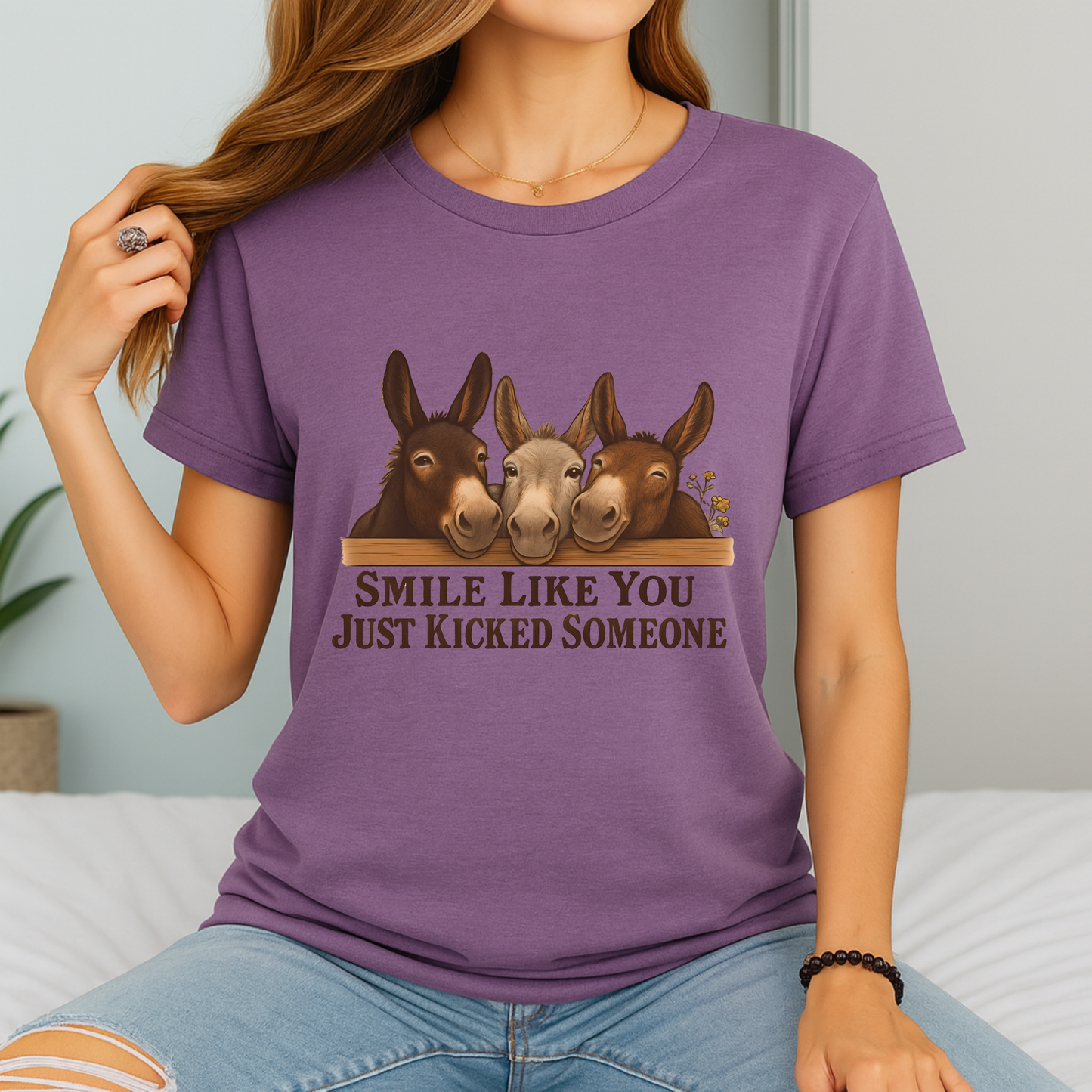 Funny Donkey Shirt Smile Like You Just Kicked Someone Farm Animal Humor Tee Gift for Women Men Horse People Donkey Lovers Barn Life