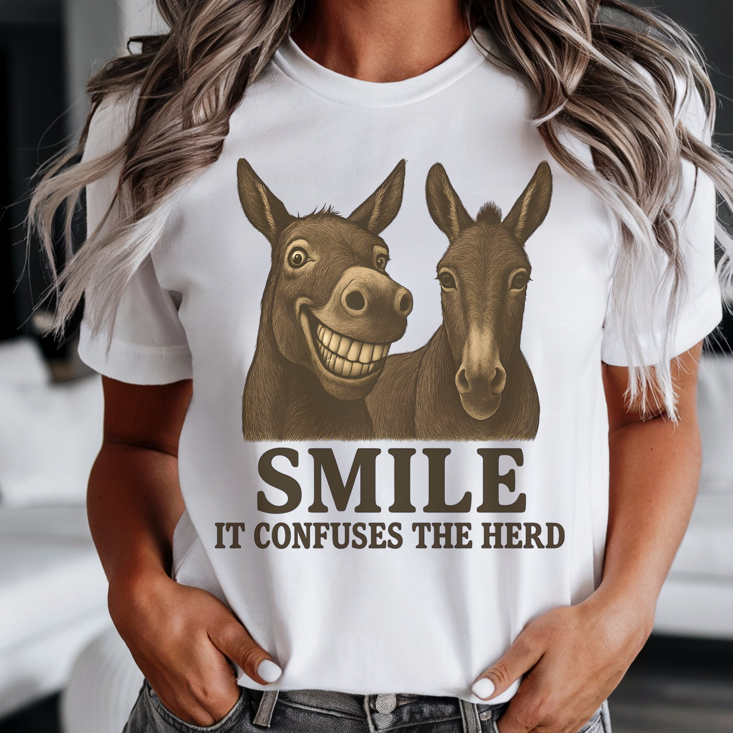 Funny Donkey Tee - Smile It Confuses the Herd Shirt - Western Farm Animal Humor T-Shirt for Horse Girls, Barn Moms & Animal Lovers