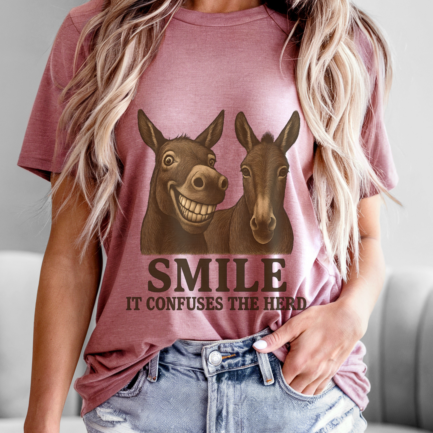 Funny Donkey Tee - Smile It Confuses the Herd Shirt - Western Farm Animal Humor T-Shirt for Horse Girls, Barn Moms & Animal Lovers