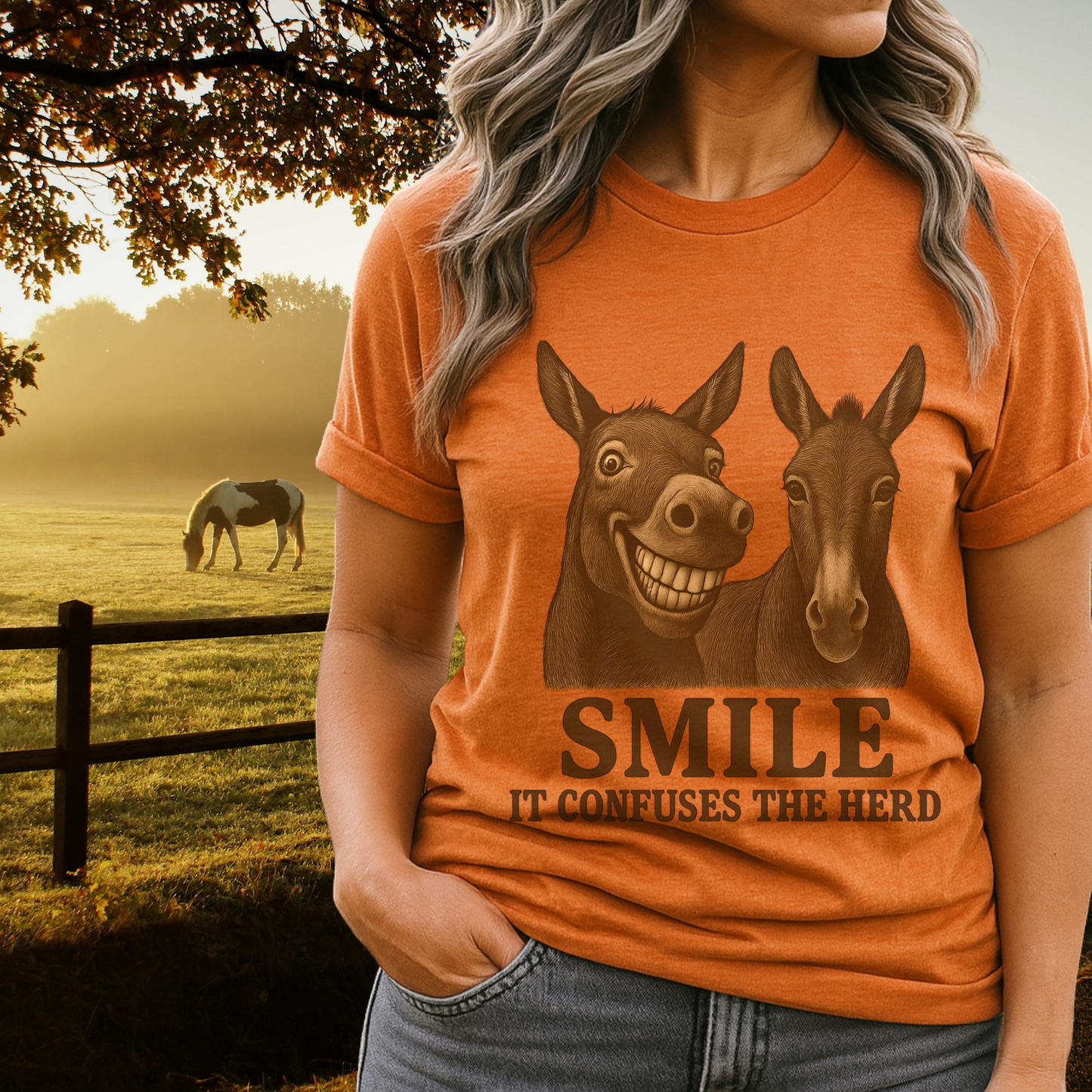 Funny Donkey Tee - Smile It Confuses the Herd Shirt - Western Farm Animal Humor T-Shirt for Horse Girls, Barn Moms & Animal Lovers