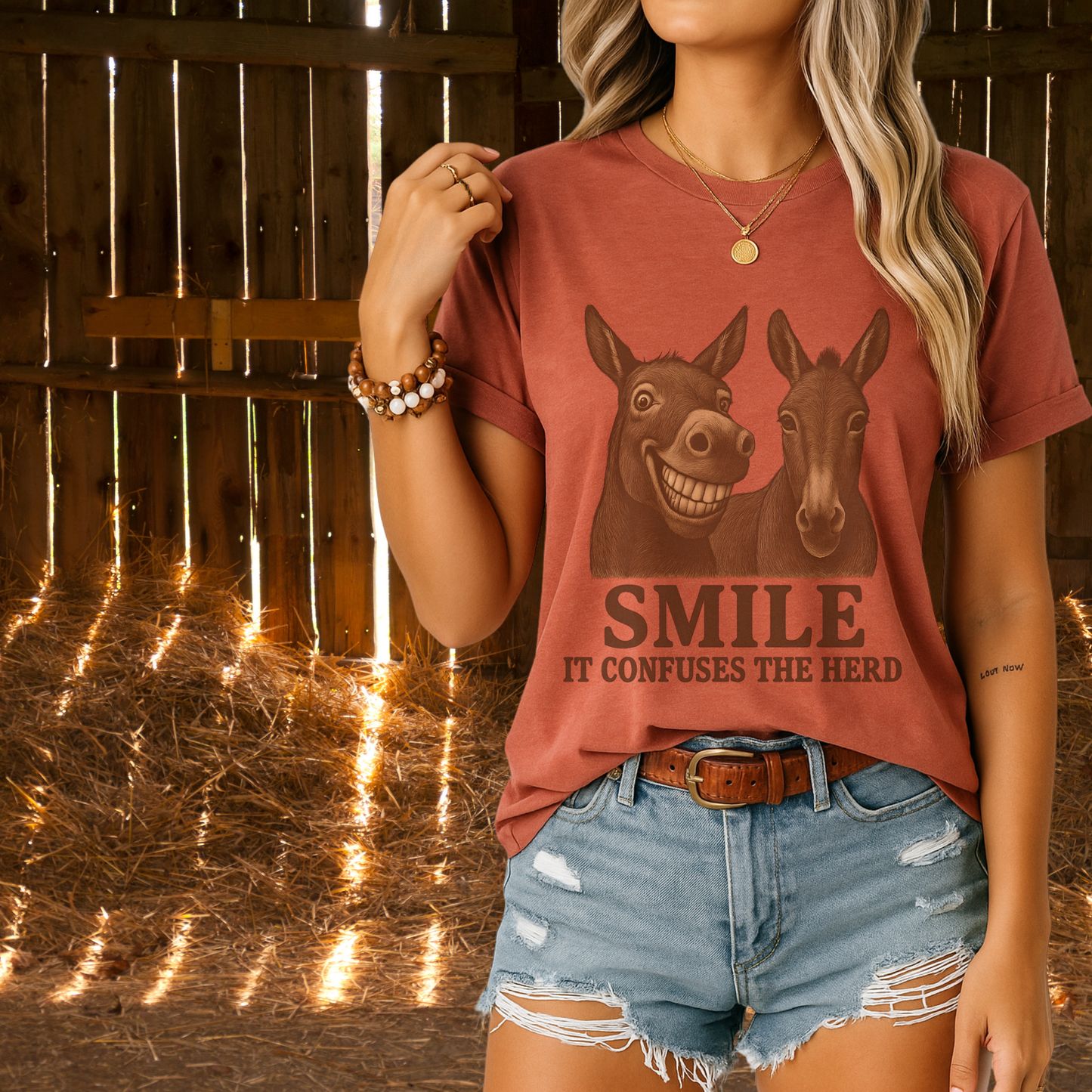 Funny Donkey Tee - Smile It Confuses the Herd Shirt - Western Farm Animal Humor T-Shirt for Horse Girls, Barn Moms & Animal Lovers