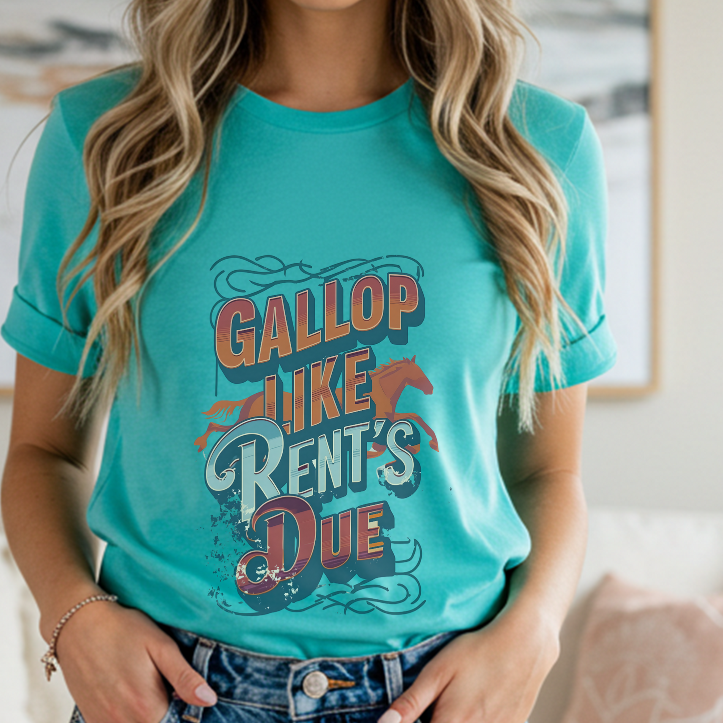 Gallop Like Rent’s Due Funny Horse Girl T-Shirt, Rodeo Cowgirl Graphic Tee, Vintage Ranch Humor, Farm Life Equestrian Shirt Gift
