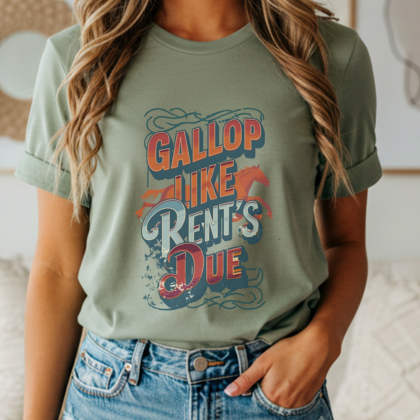 Gallop Like Rent’s Due Funny Horse Girl T-Shirt, Rodeo Cowgirl Graphic Tee, Vintage Ranch Humor, Farm Life Equestrian Shirt Gift