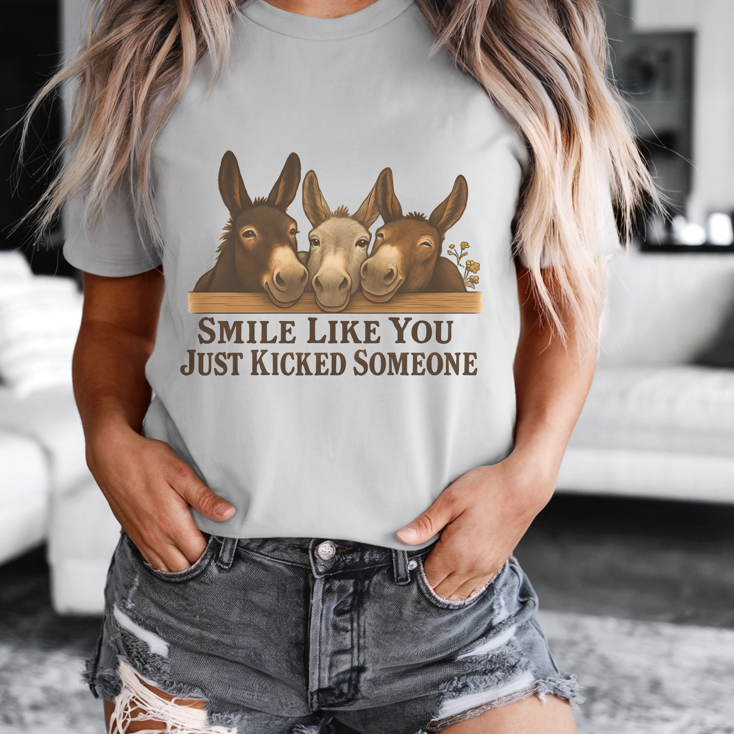 Funny Donkey T-Shirt for Women | Vintage Farm Girl Graphic Tee | Sarcastic Horse Lover Shirt | Smile Like You Kicked Someone Shirt