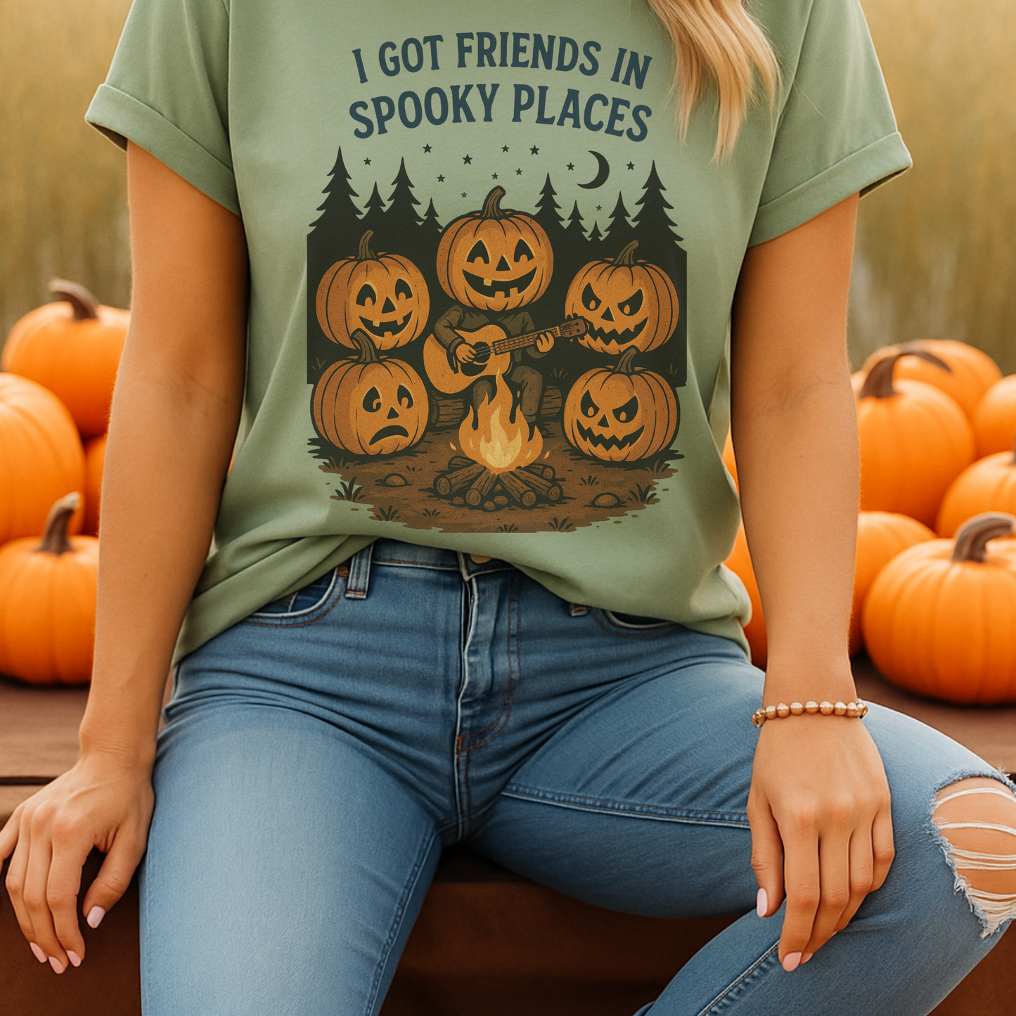 Spooky Pumpkin Campfire Shirt | Funny Fall Halloween T-Shirt | Country Girl Ghost Tee | “I Got  Friends in Spooky Places” Shirt