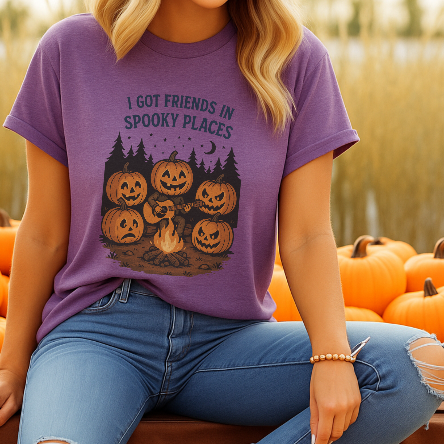 Spooky Pumpkin Campfire Shirt | Funny Fall Halloween T-Shirt | Country Girl Ghost Tee | “I Got  Friends in Spooky Places” Shirt
