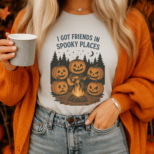 Spooky Pumpkin Campfire Shirt | Funny Fall Halloween T-Shirt | Country Girl Ghost Tee | “I Got  Friends in Spooky Places” Shirt