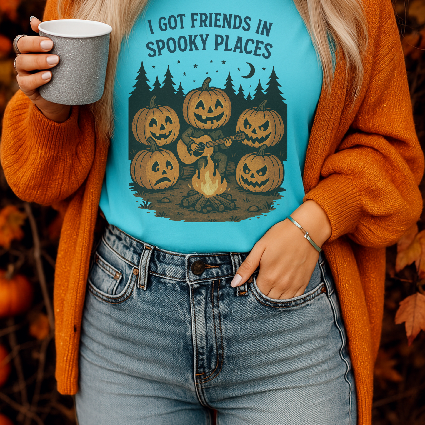Spooky Pumpkin Campfire Shirt | Funny Fall Halloween T-Shirt | Country Girl Ghost Tee | “I Got  Friends in Spooky Places” Shirt