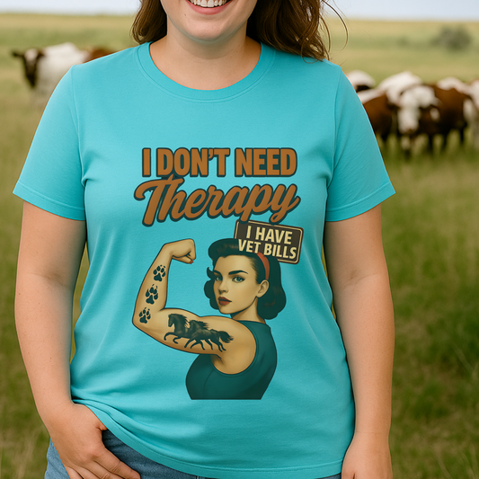 Funny Horse Girl Shirt | “I Don’t Need Therapy I Have Vet Bills” Tee | Sarcastic Equestrian Gift | Vintage Cowgirl Graphic T-Shirt